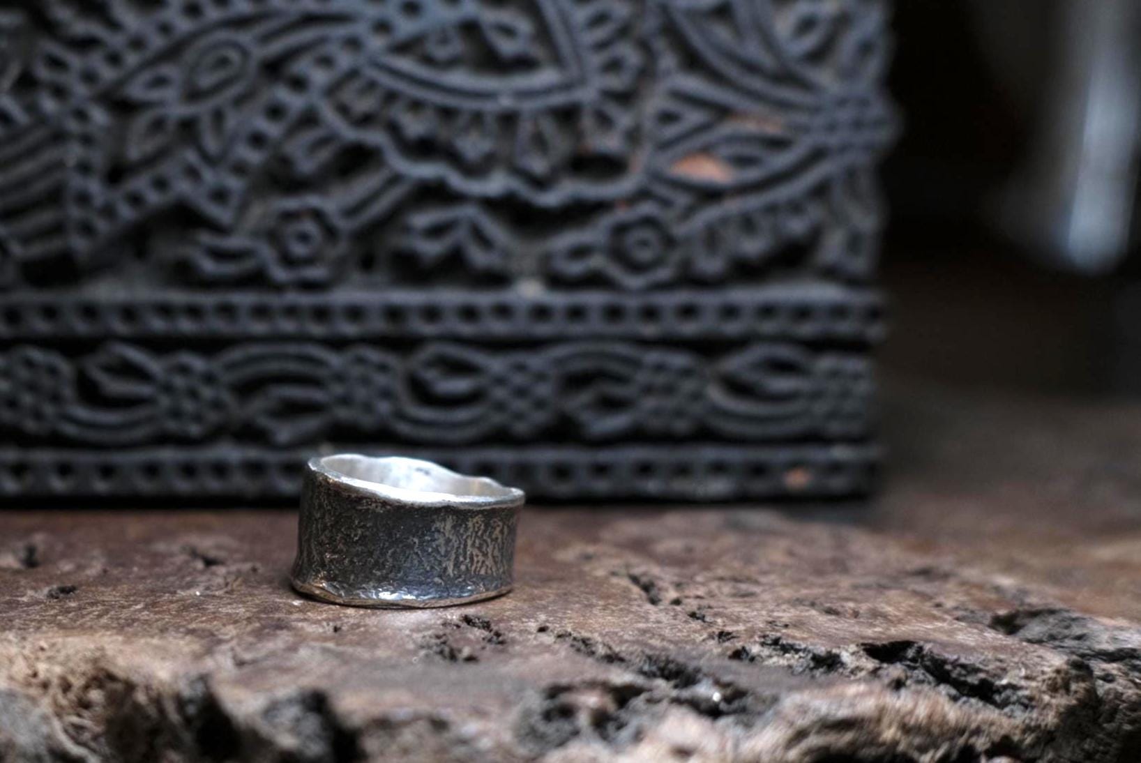 Rustic Textured Sterling Silver Ring - Organic Earth Inspired Band US Size 8.5