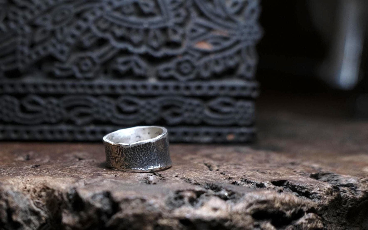 Rustic Textured Sterling Silver Ring - Organic Earth Inspired Band US Size 8.5