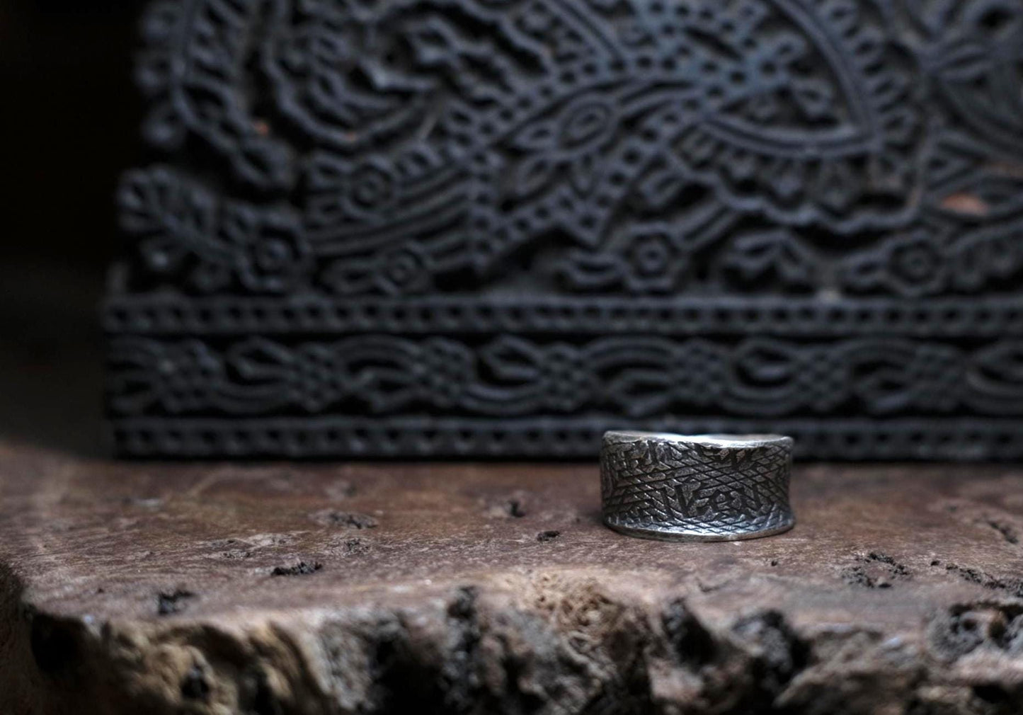 Handmade Sterling Silver Wide Banded Textured Ring - Oxidised Finish