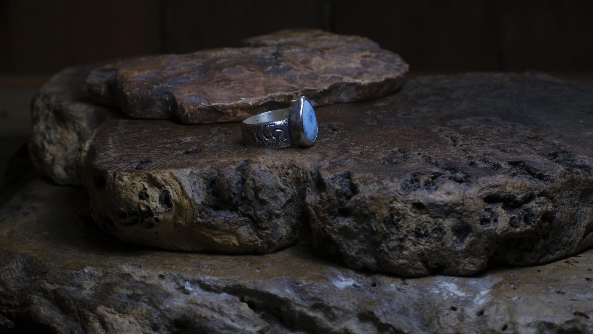 Larimar and Sterling Silver Pirate Inspired Wide Banded Ring Size US9