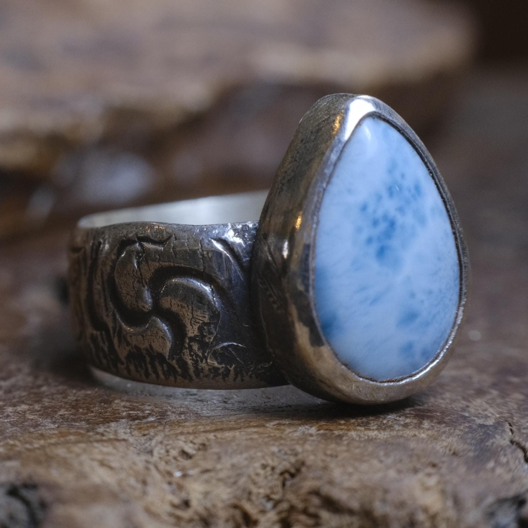 Larimar and Sterling Silver Pirate Inspired Wide Banded Ring Size US9