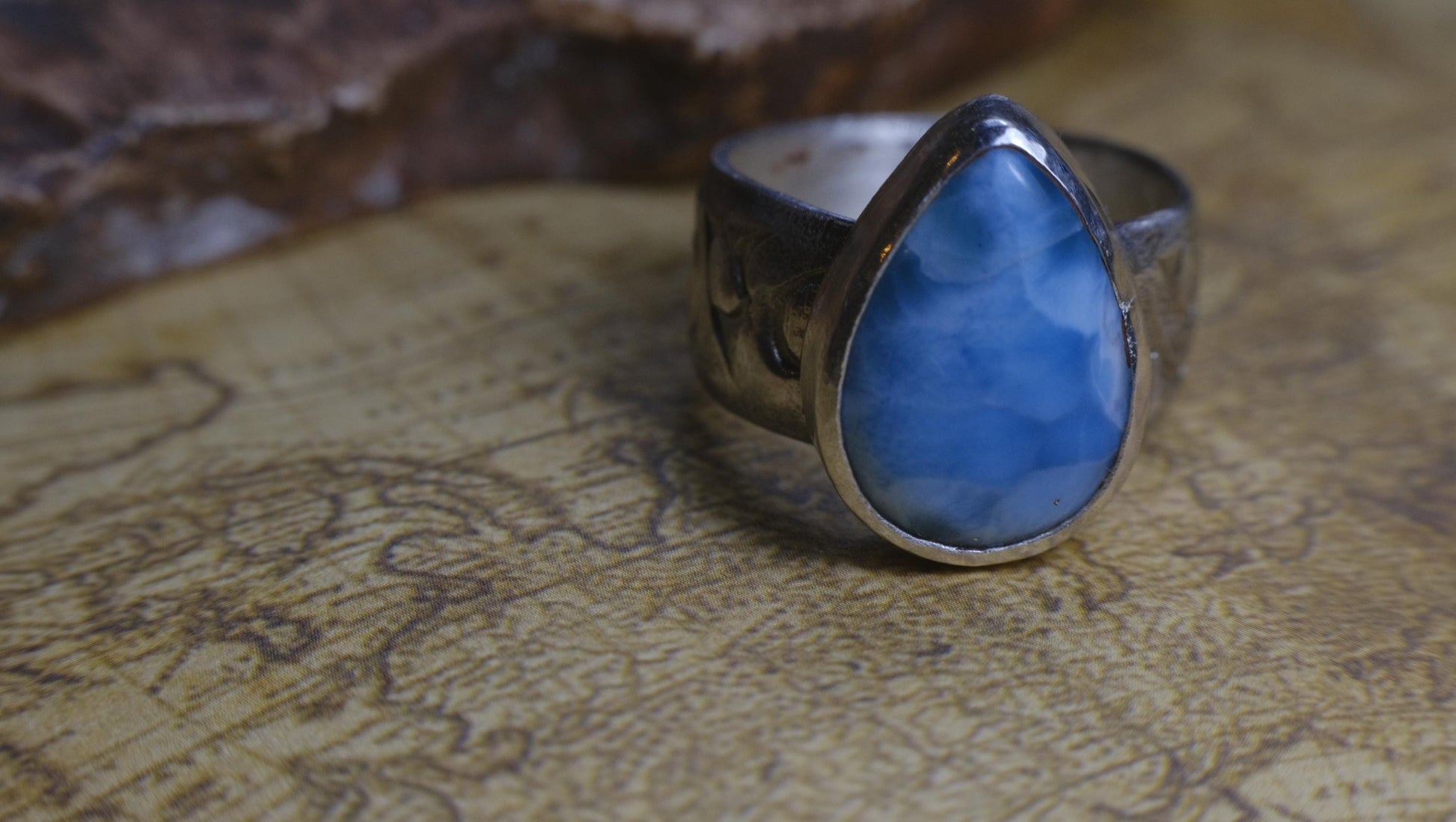 Victorian Era Pirate Inspired Larimar and Silver Ring Size US 7.25