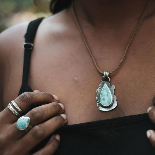 Sterling Silver Larimar Pendant on Braided Adjustable Cord OOAK