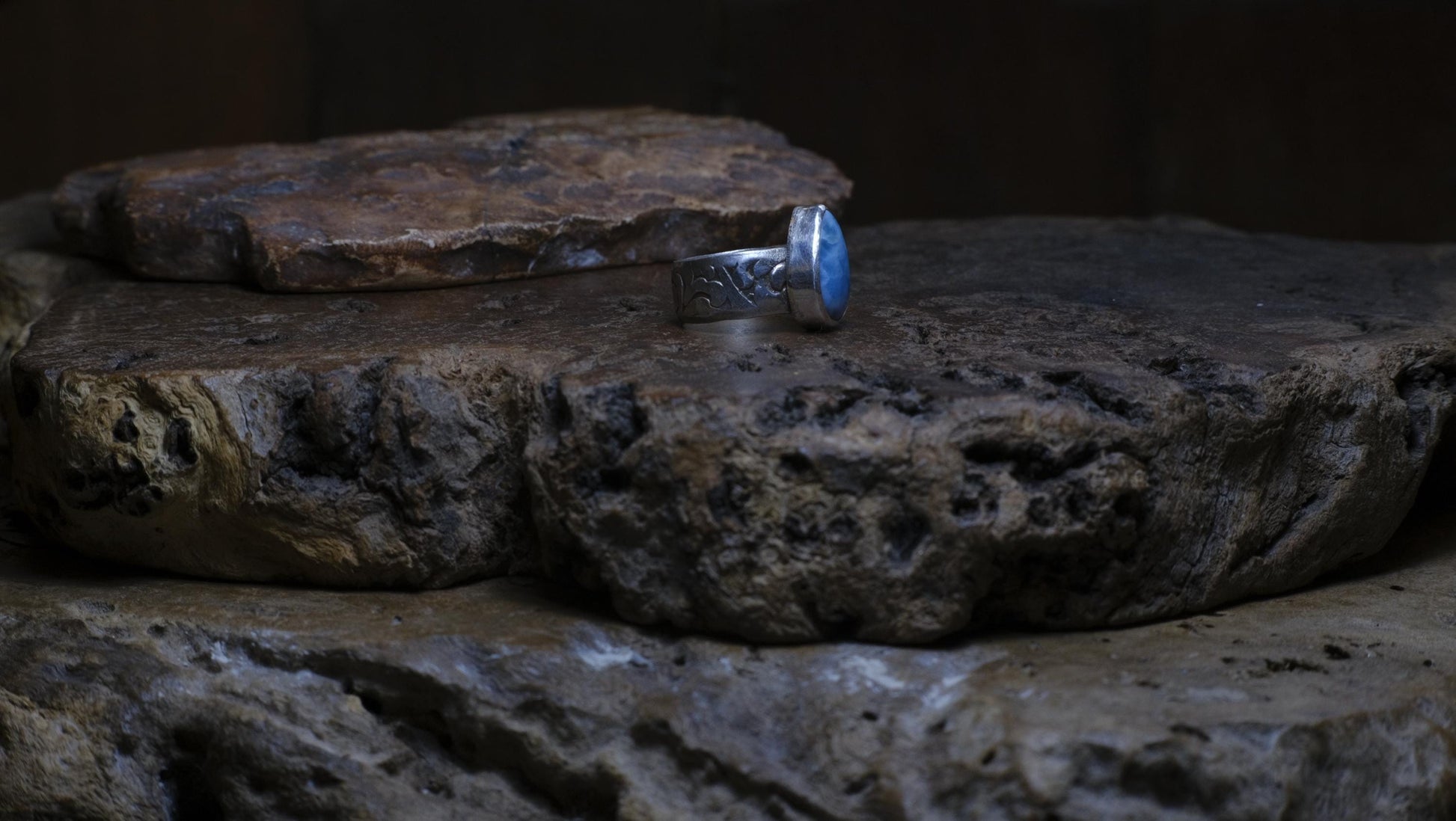 Victorian Era Pirate Inspired Larimar and Silver Ring Size US 7.25