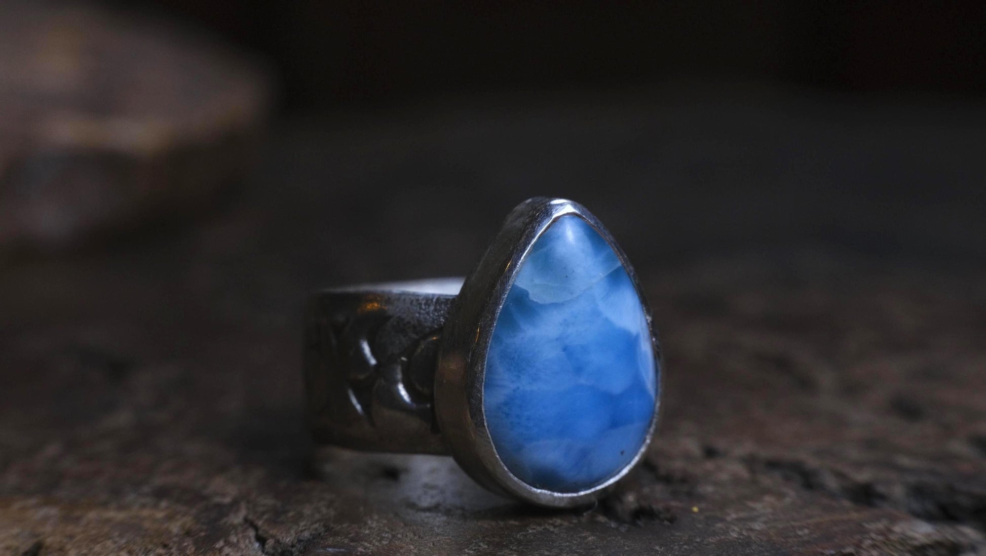 Victorian Era Pirate Inspired Larimar and Silver Ring Size US 7.25