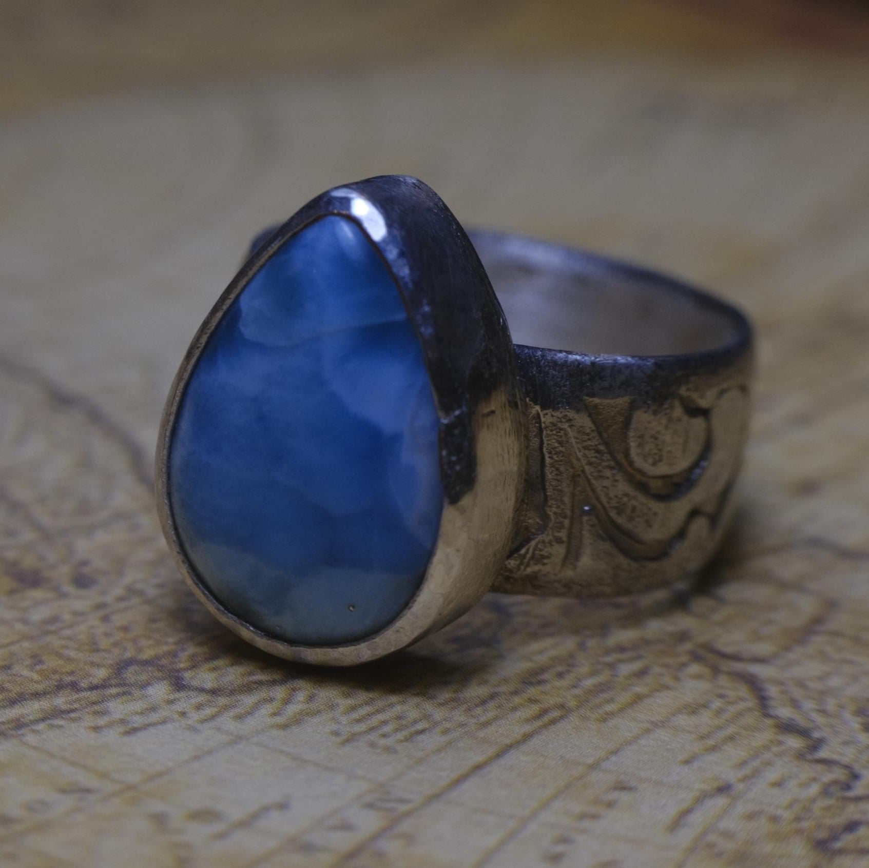 Victorian Era Pirate Inspired Larimar and Silver Ring Size US 7.25