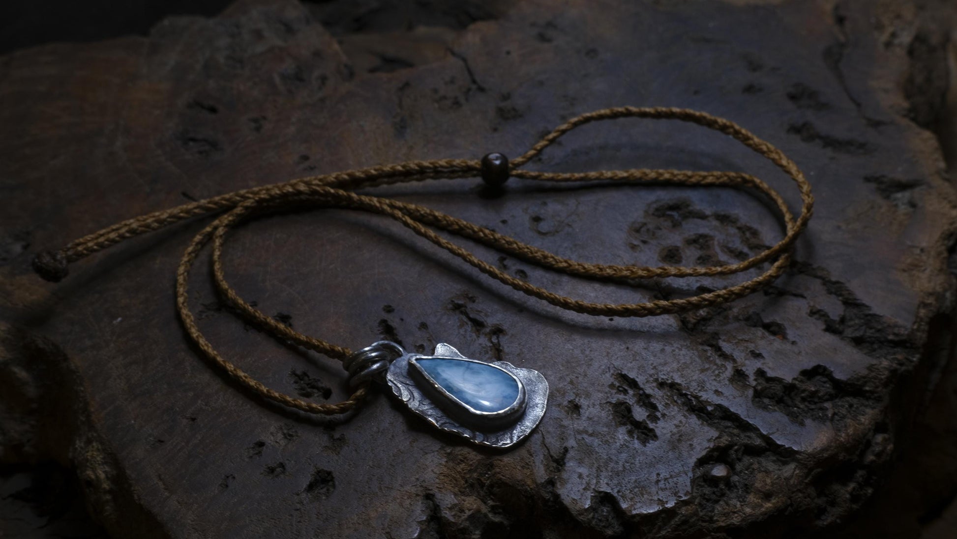 Sterling Silver Larimar Pendant on Braided Adjustable Cord OOAK