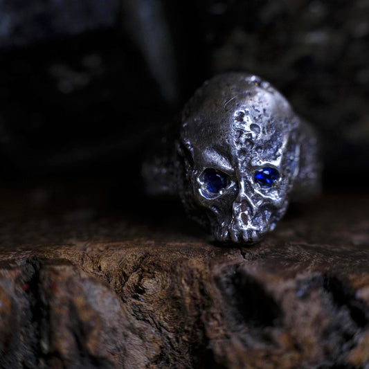 Diamond and Sapphire Sterling Silver Handcrafted Skull Ring US Size 13