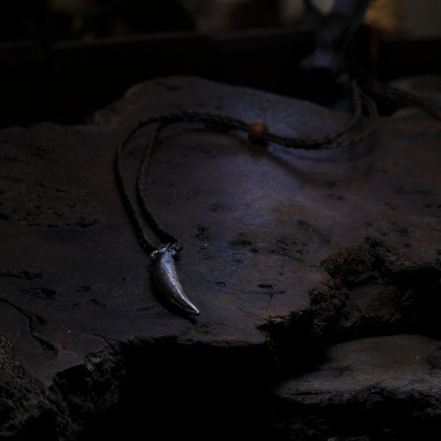 Silver Crocodile Tooth Pendant with Adjustable Hand Woven Macrame Style Necklace