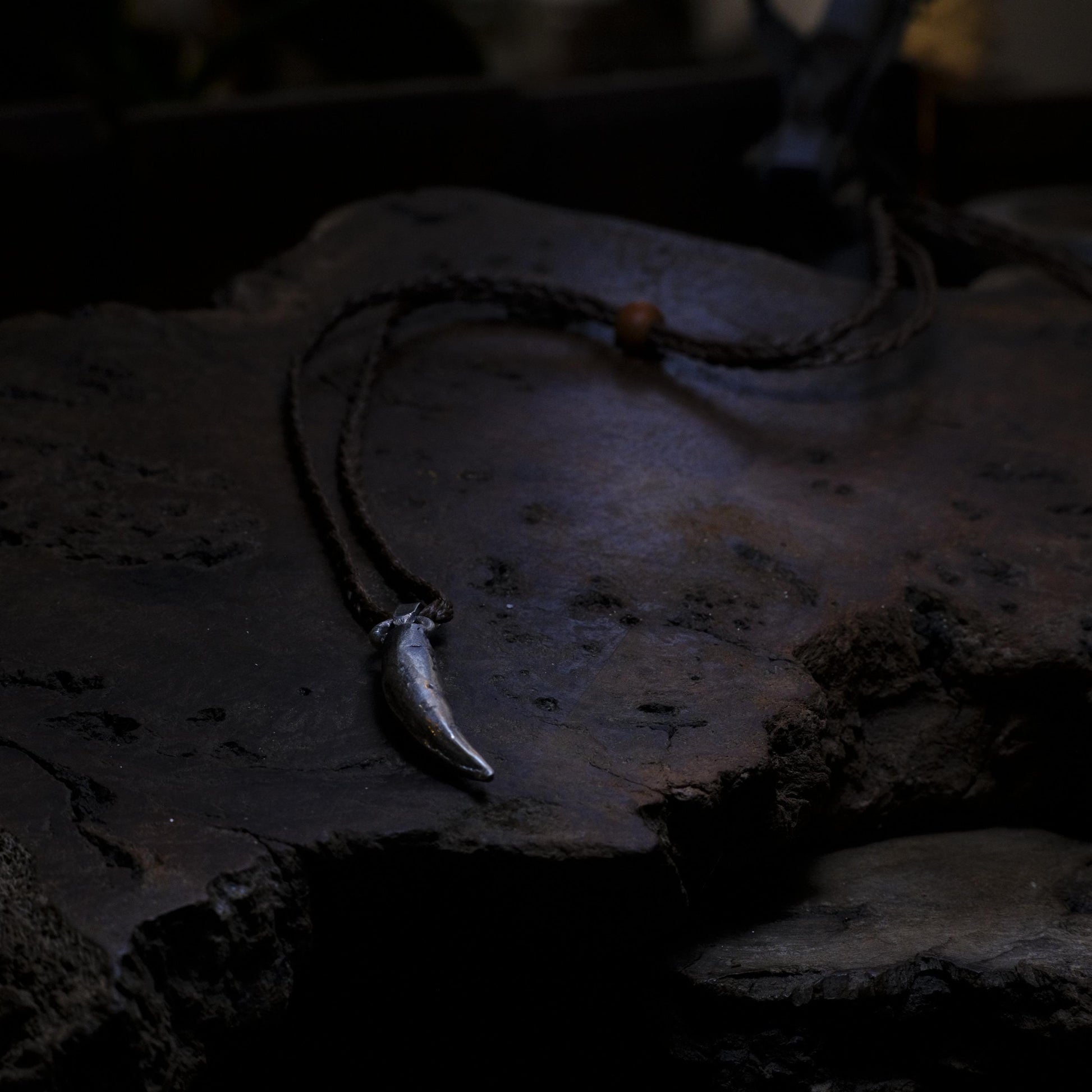 Silver Crocodile Tooth Pendant with Adjustable Hand Woven Macrame Style Necklace
