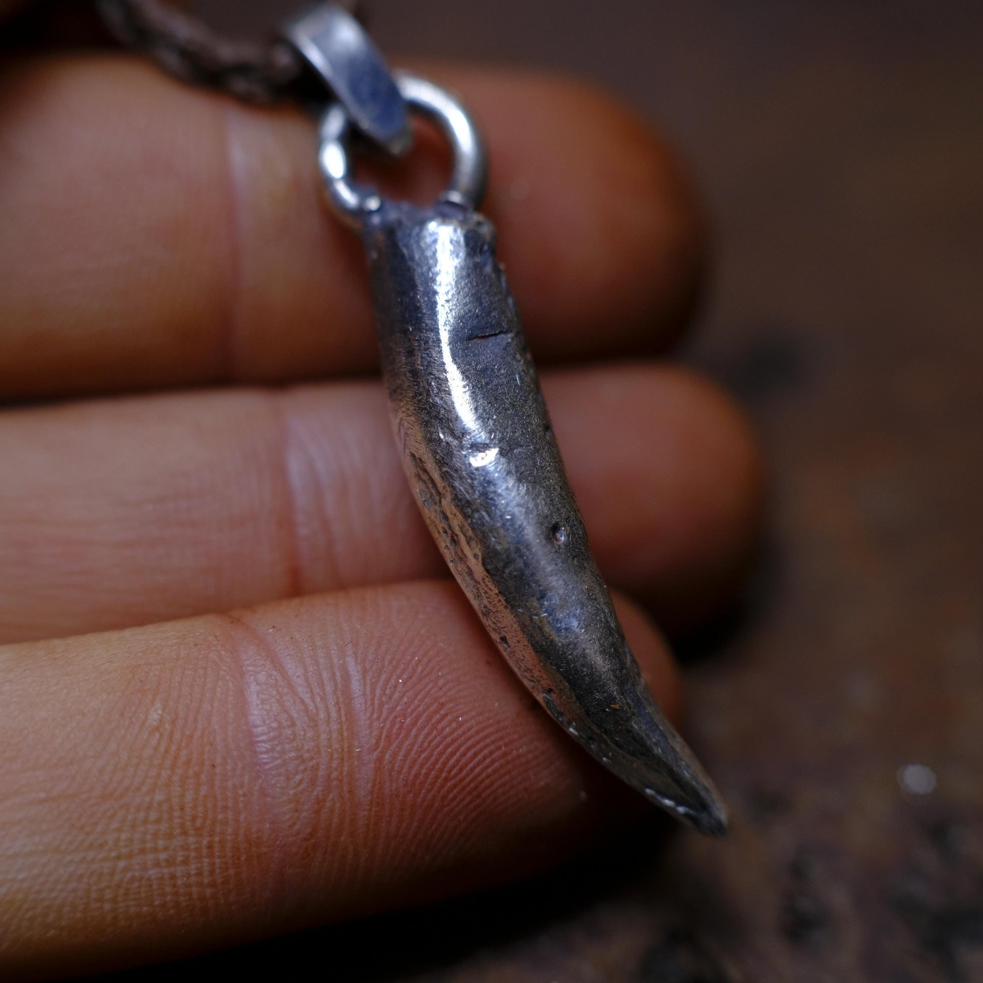 Silver Crocodile Tooth Pendant with Adjustable Hand Woven Macrame Style Necklace