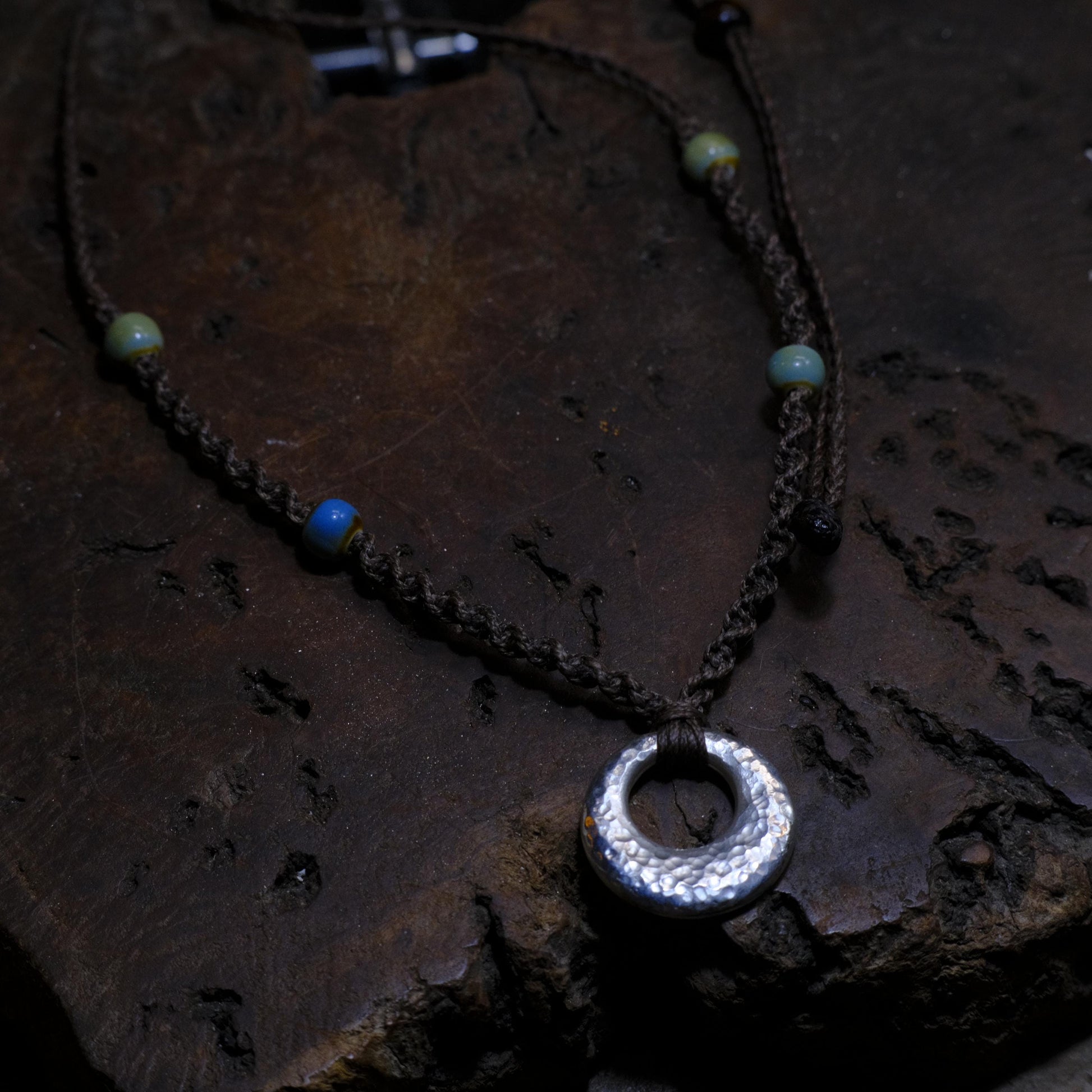 Hand Made Lunar Inspired Sterling Silver Pendant on Macrame Necklace