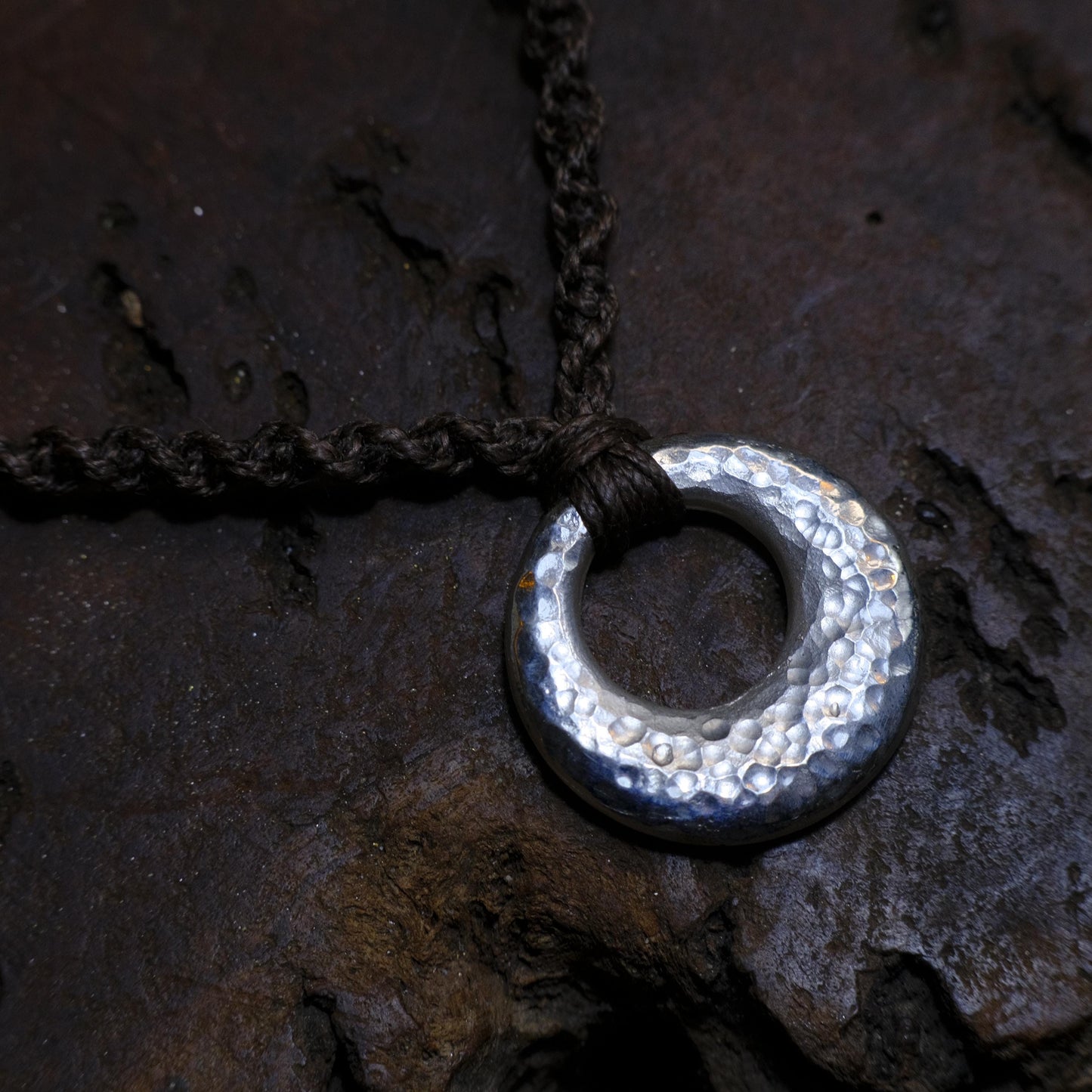 Hand Made Lunar Inspired Sterling Silver Pendant on Macrame Necklace