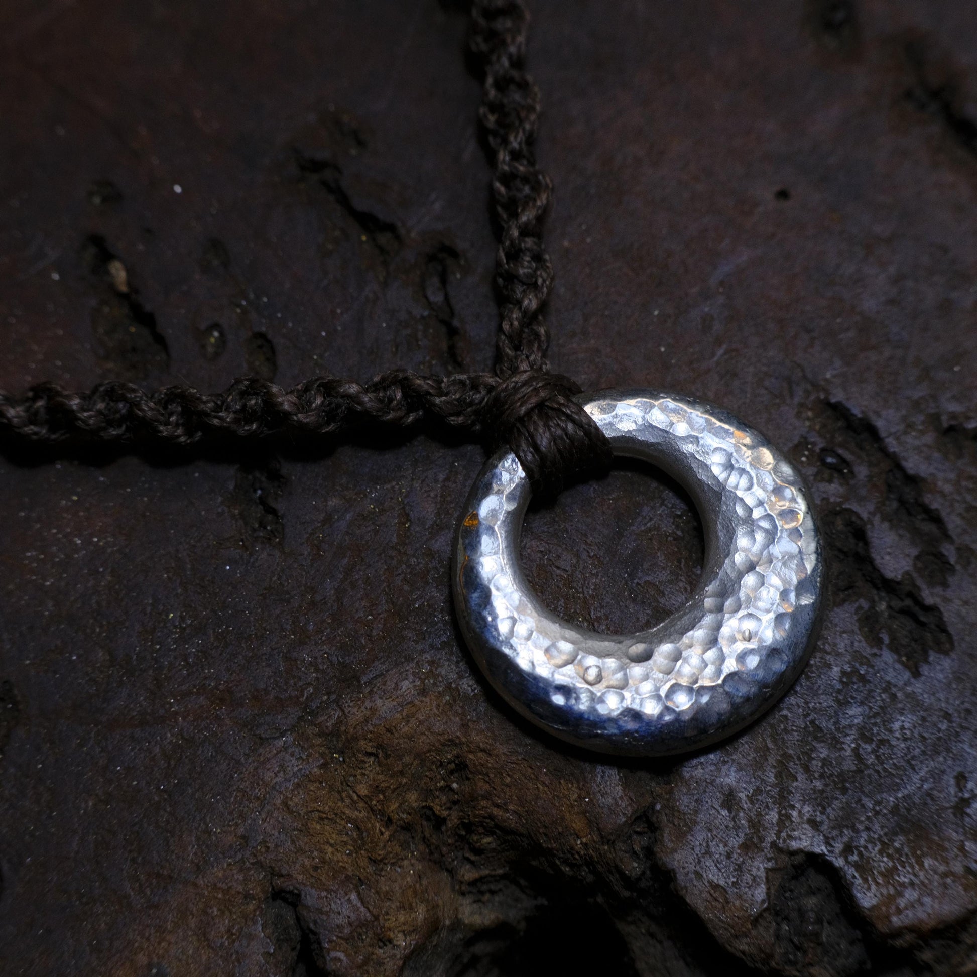 Hand Made Lunar Inspired Sterling Silver Pendant on Macrame Necklace