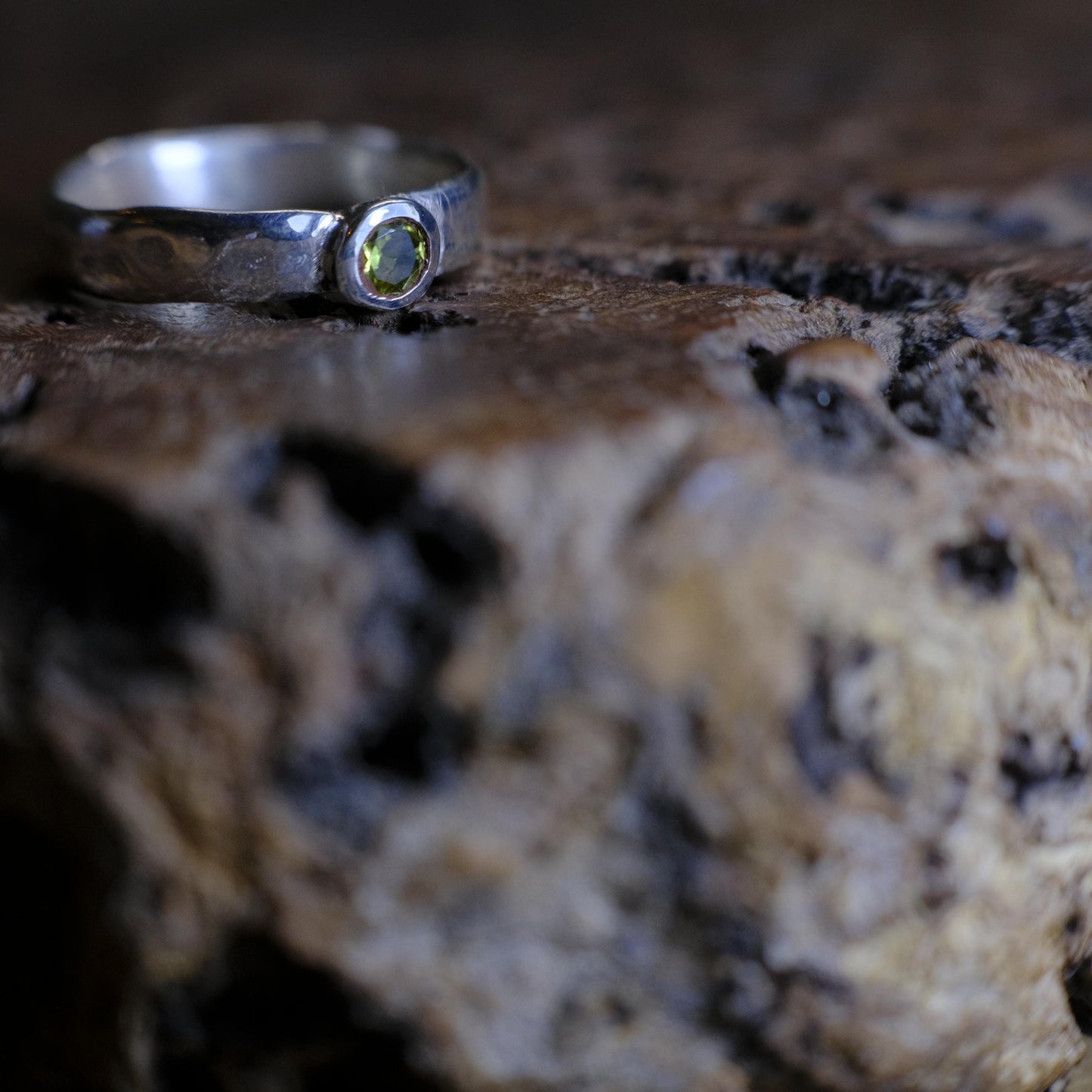 Hand Crafted Peridot and Sterling Silver Hammered Ring US Size 7.5