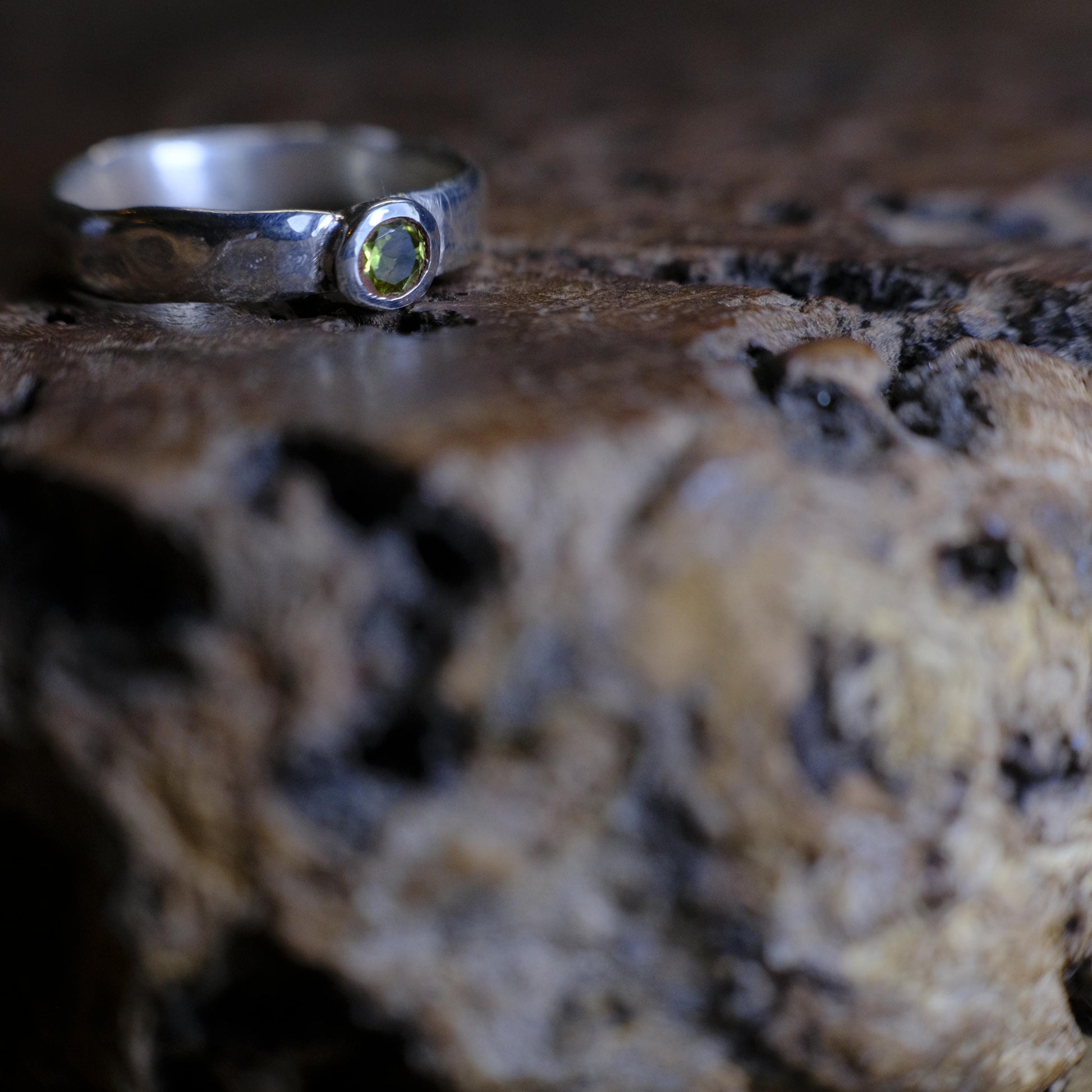 Hand Crafted Peridot and Sterling Silver Hammered Ring US Size 7.5