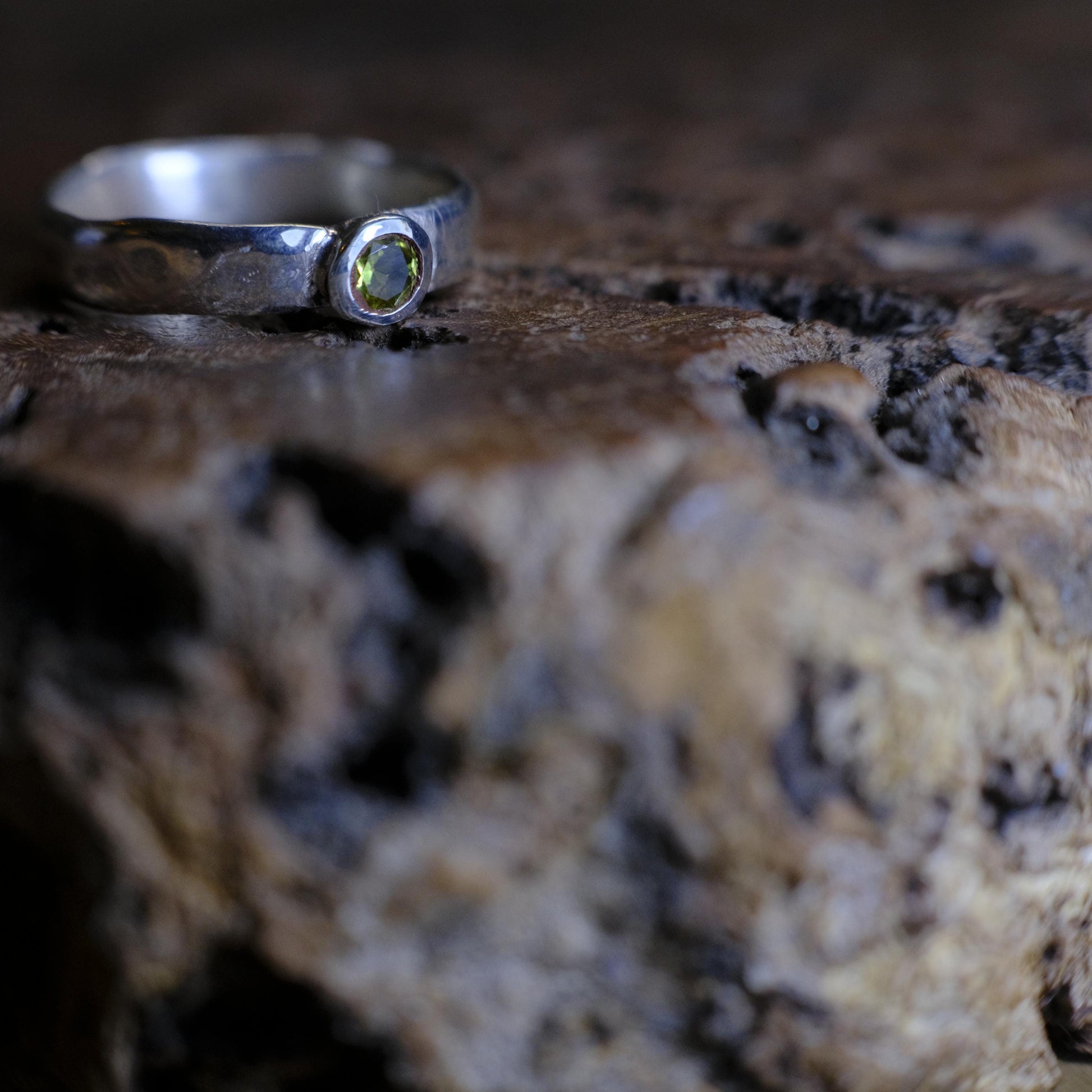 Hand Crafted Peridot and Sterling Silver Hammered Ring US Size 7.5