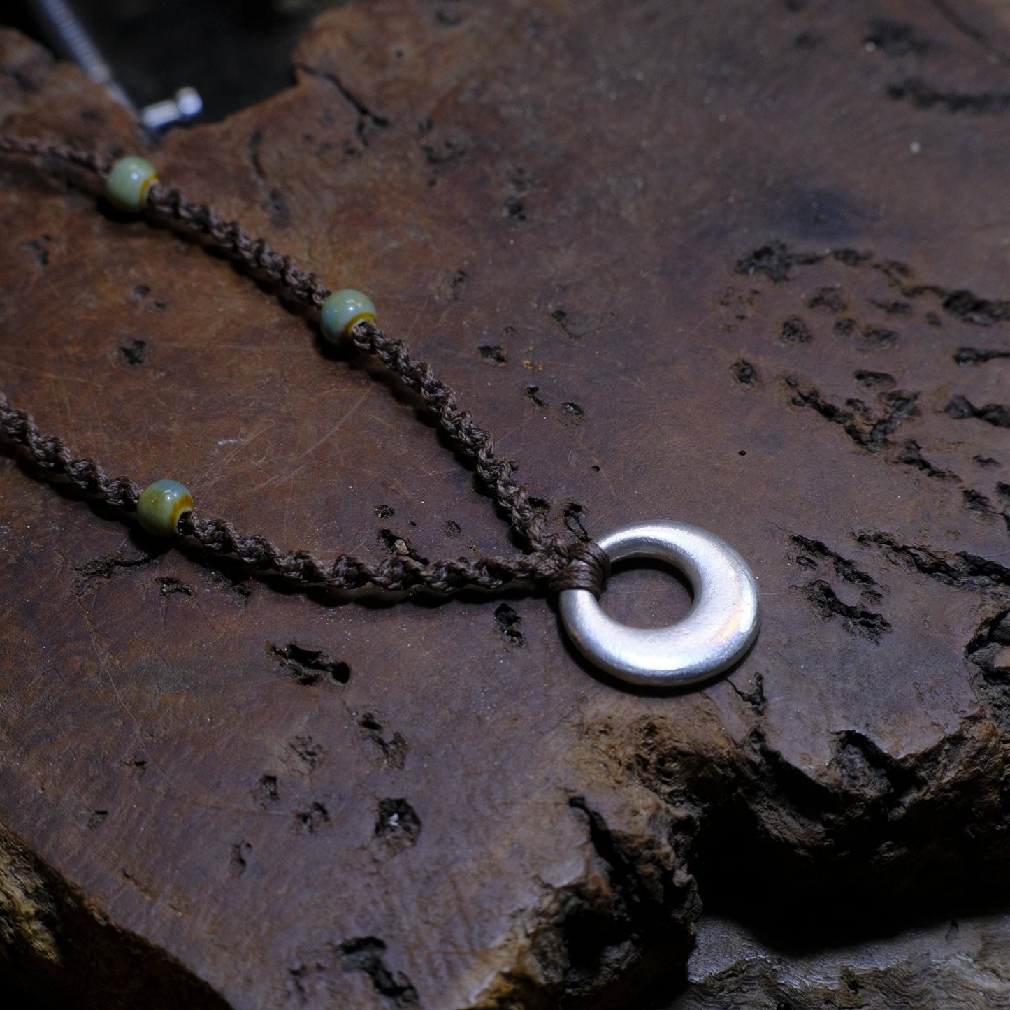 Hand Made Lunar Inspired Sterling Silver Pendant on Macrame Necklace