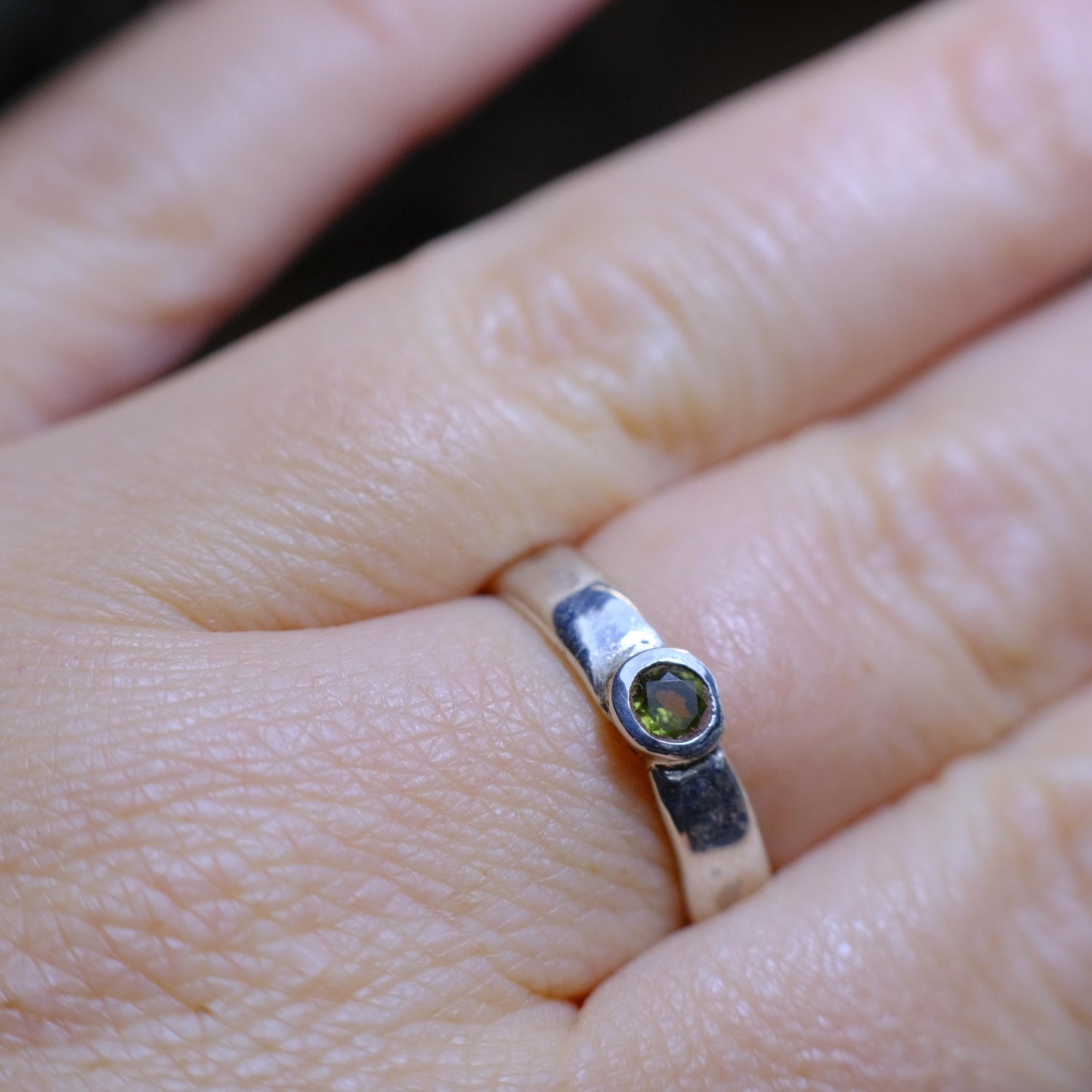 Hand Crafted Peridot and Sterling Silver Hammered Ring US Size 7.5