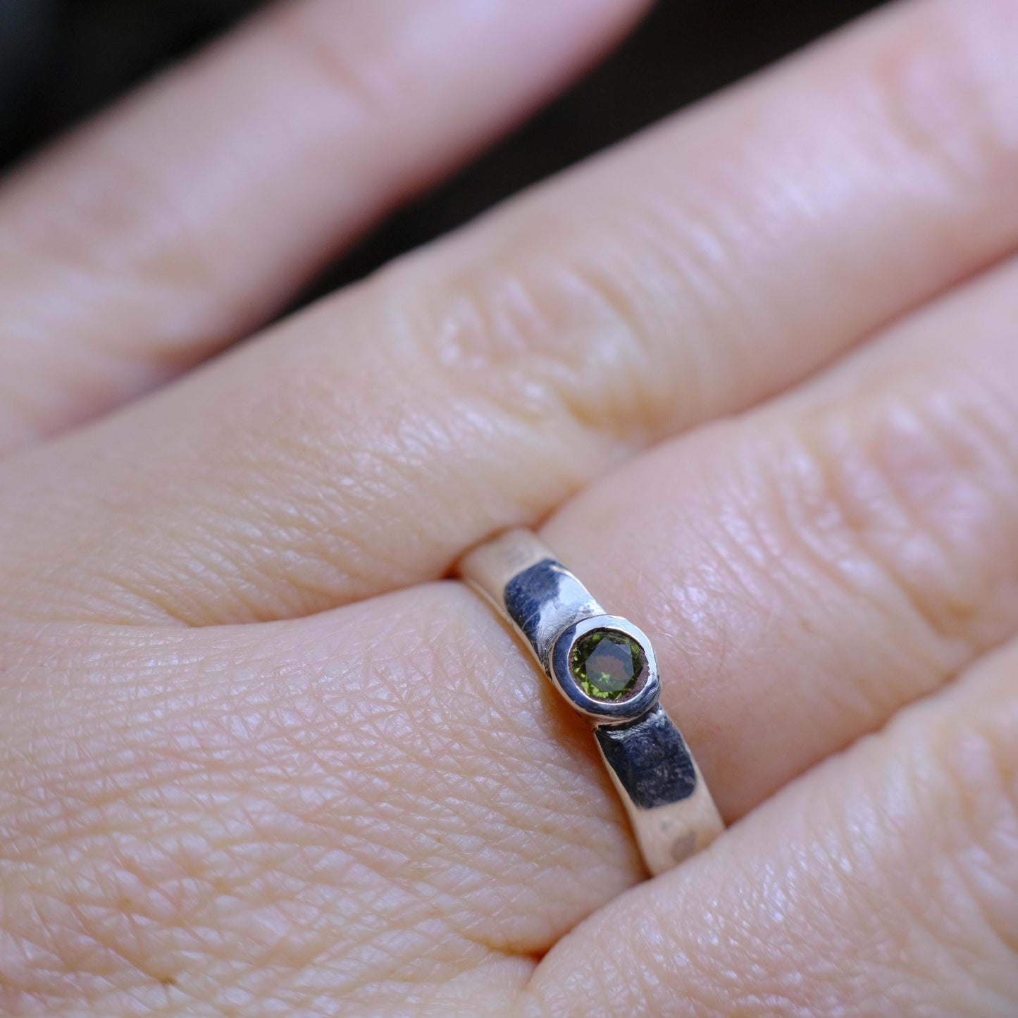 Hand Crafted Peridot and Sterling Silver Hammered Ring US Size 7.5