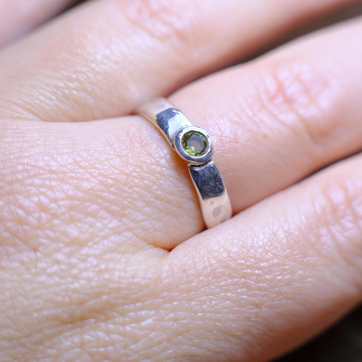 Hand Crafted Peridot and Sterling Silver Hammered Ring US Size 7.5