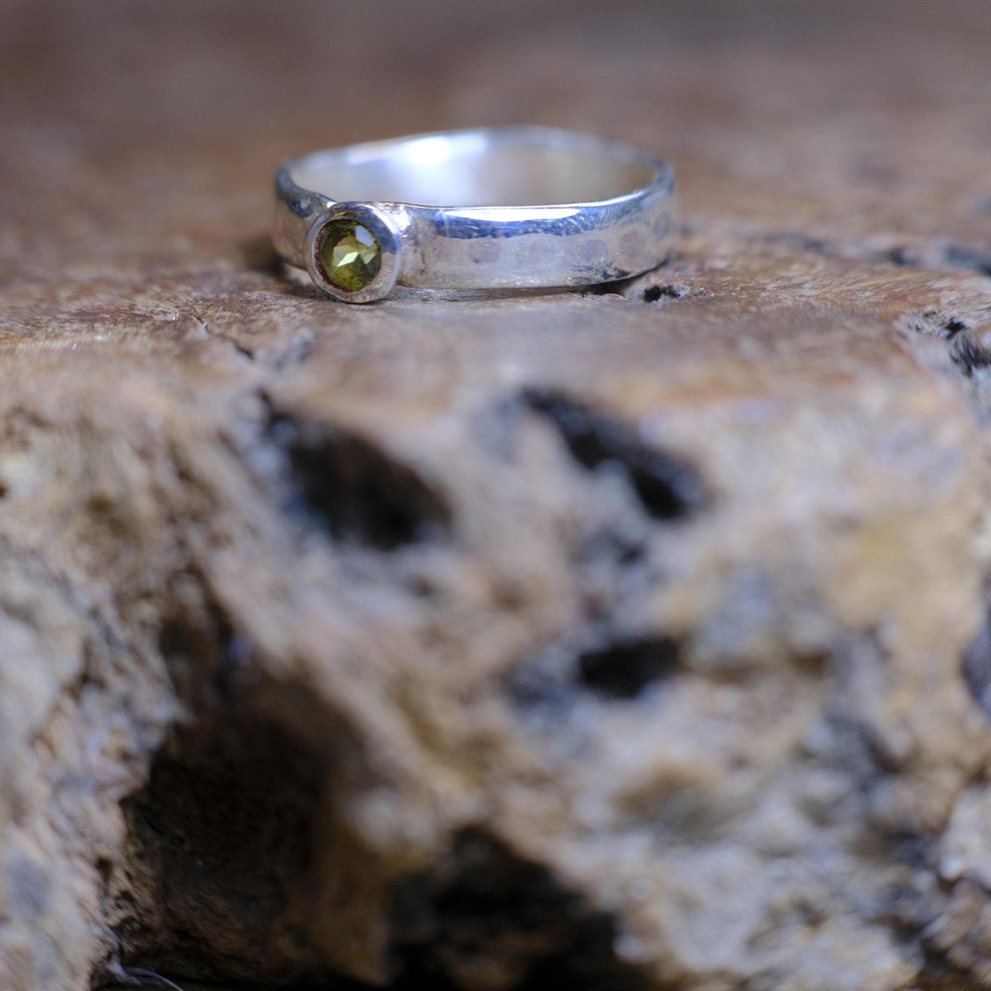 Hand Crafted Peridot and Sterling Silver Hammered Ring US Size 7.5