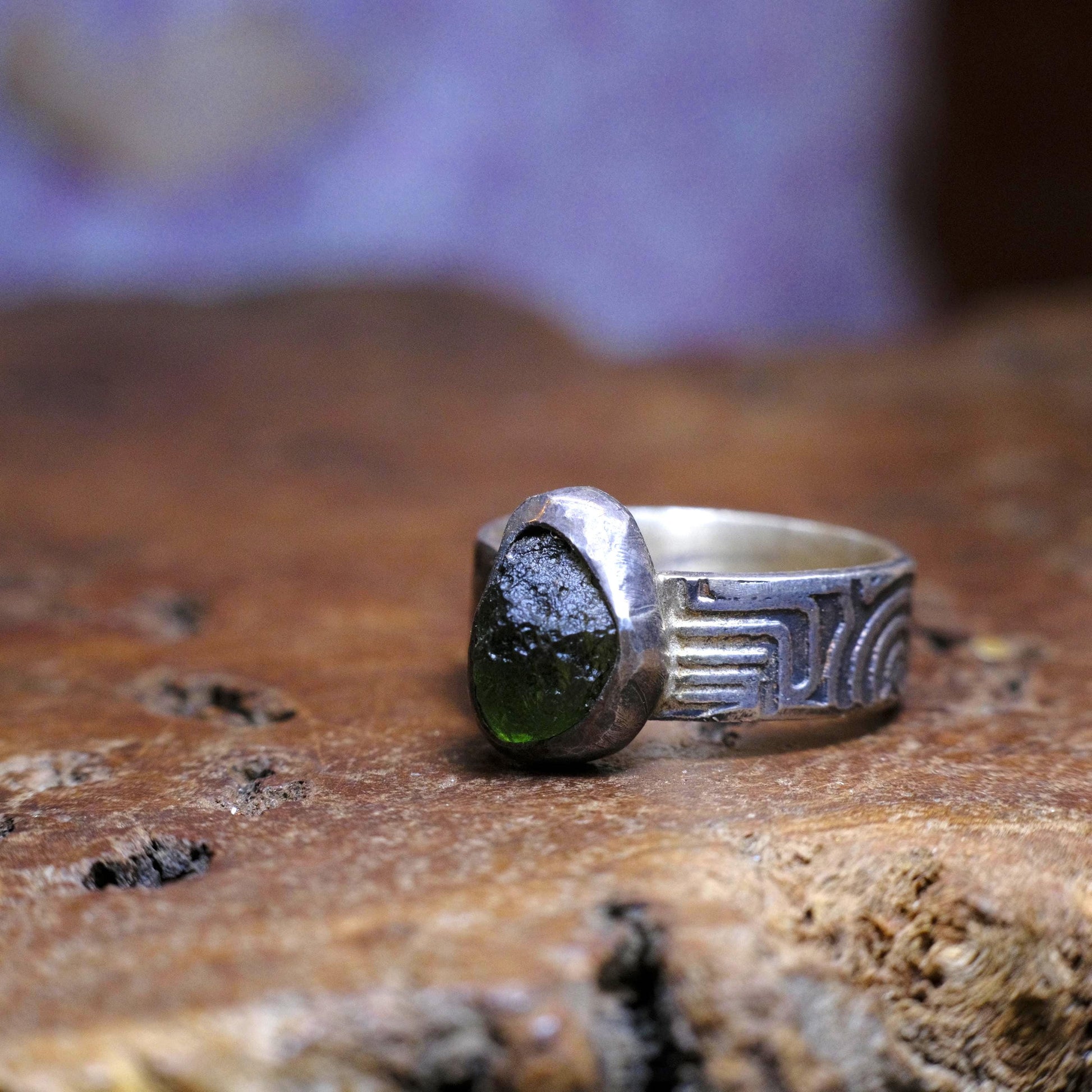 Sterling Silver and Moldavite Textured Ring US Size 10.25