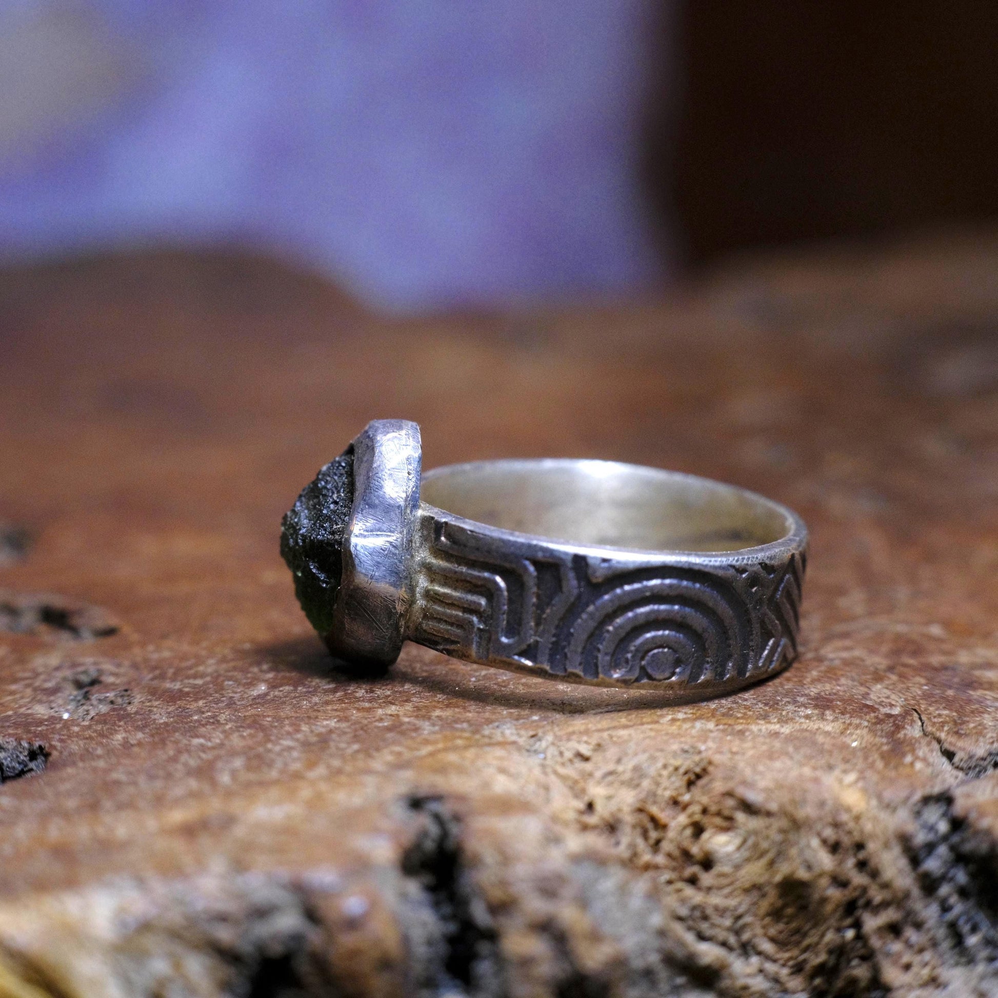 Sterling Silver and Moldavite Textured Ring US Size 10.25