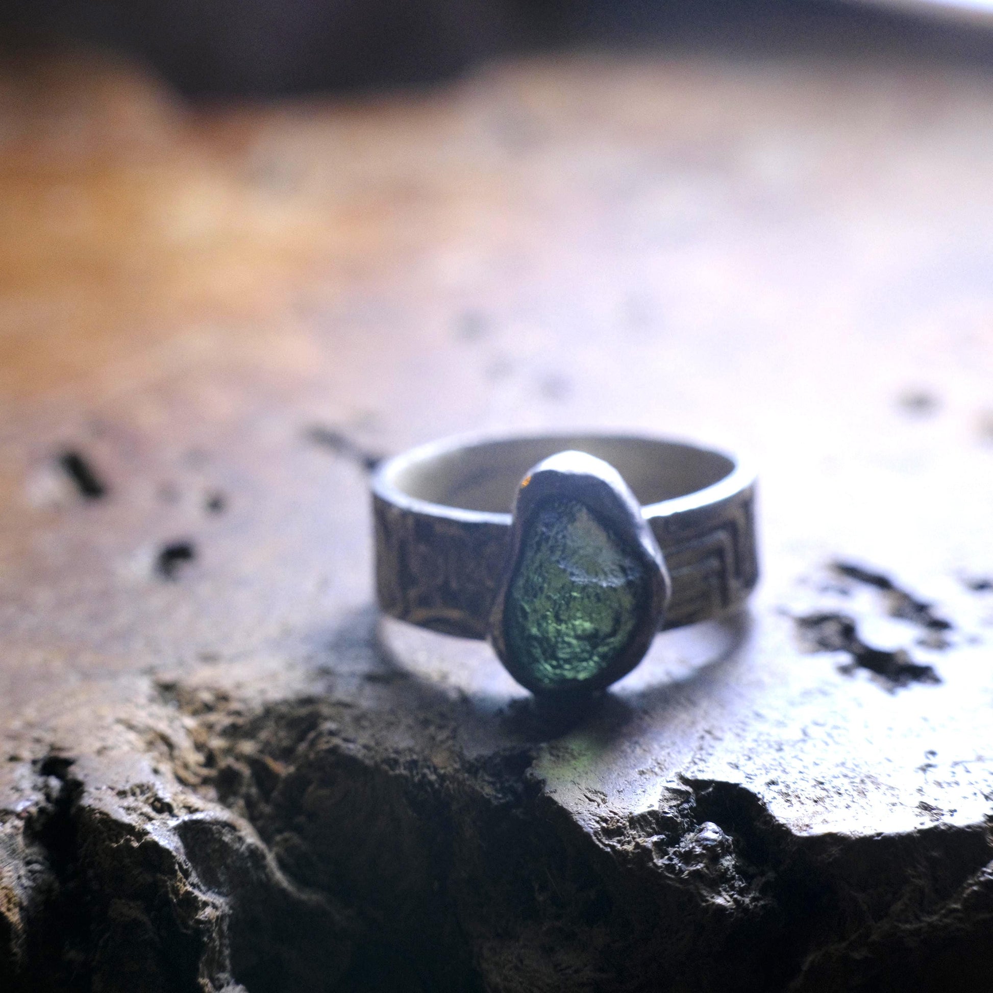 Sterling Silver and Moldavite Textured Ring US Size 10.25