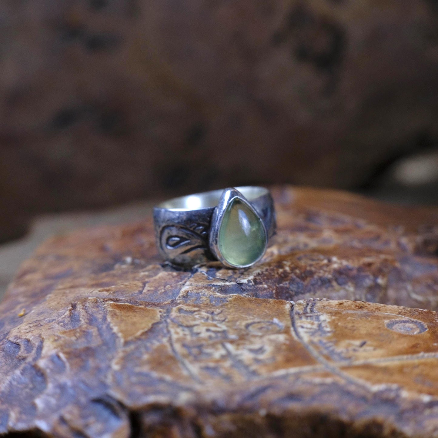 Prehnite and Sterling Silver Handmade Ring in US Size 7.75