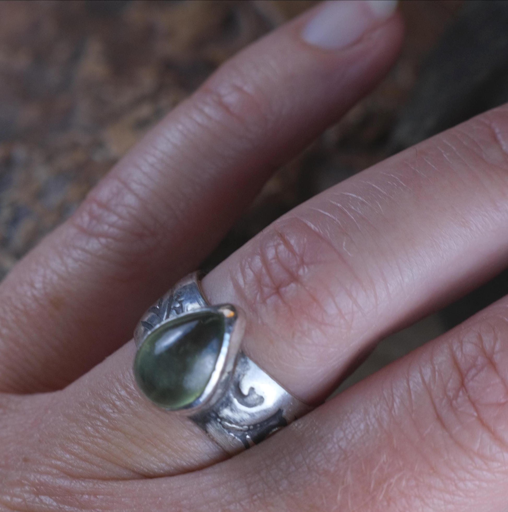 Prehnite and Sterling Silver Handmade Ring in US Size 7.75