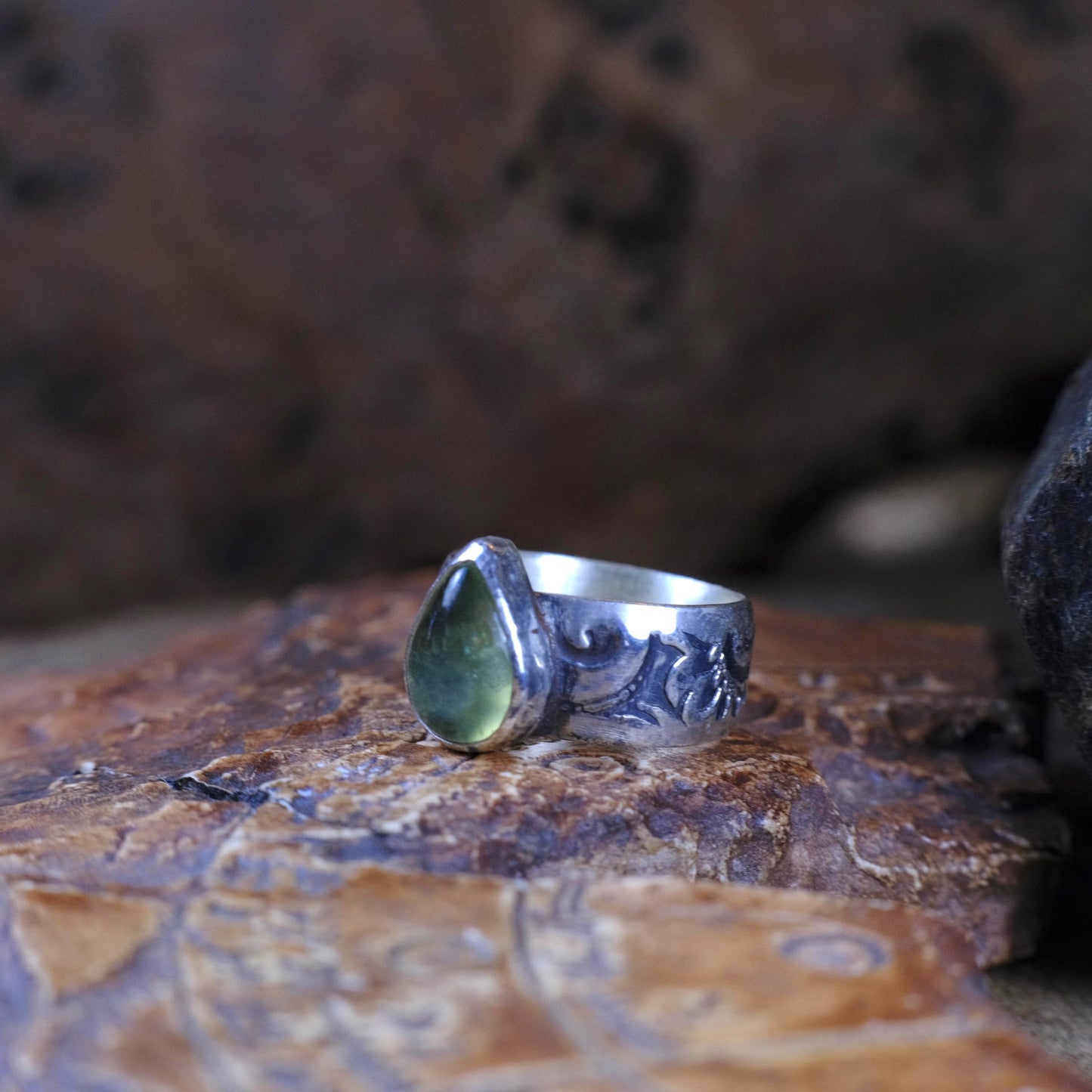 Prehnite and Sterling Silver Handmade Ring in US Size 7.75