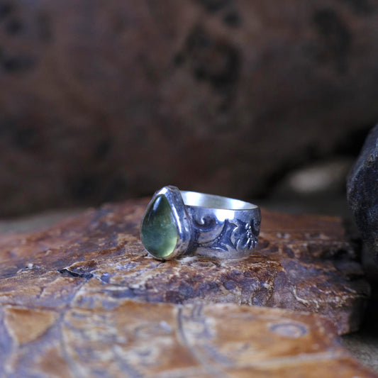 Prehnite and Sterling Silver Handmade Ring in US Size 7.75
