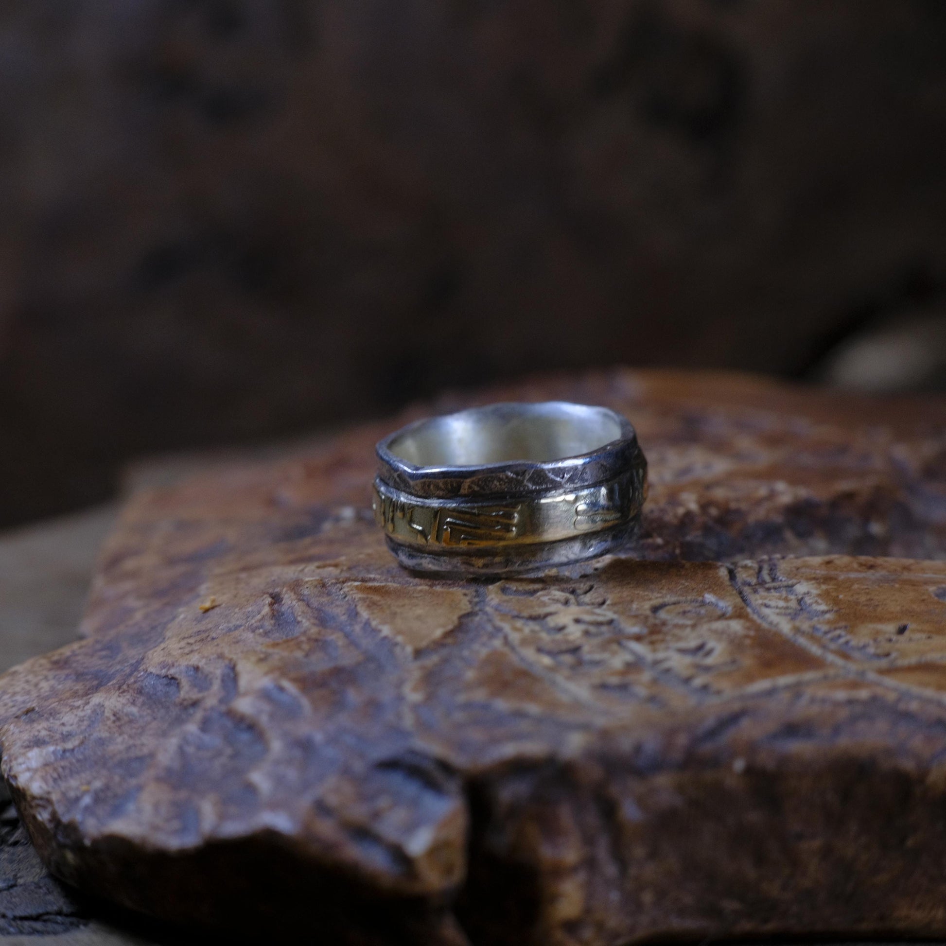 Handcrafted Textured Yellow Gold and Sterling Silver Ring in US Size 6.75