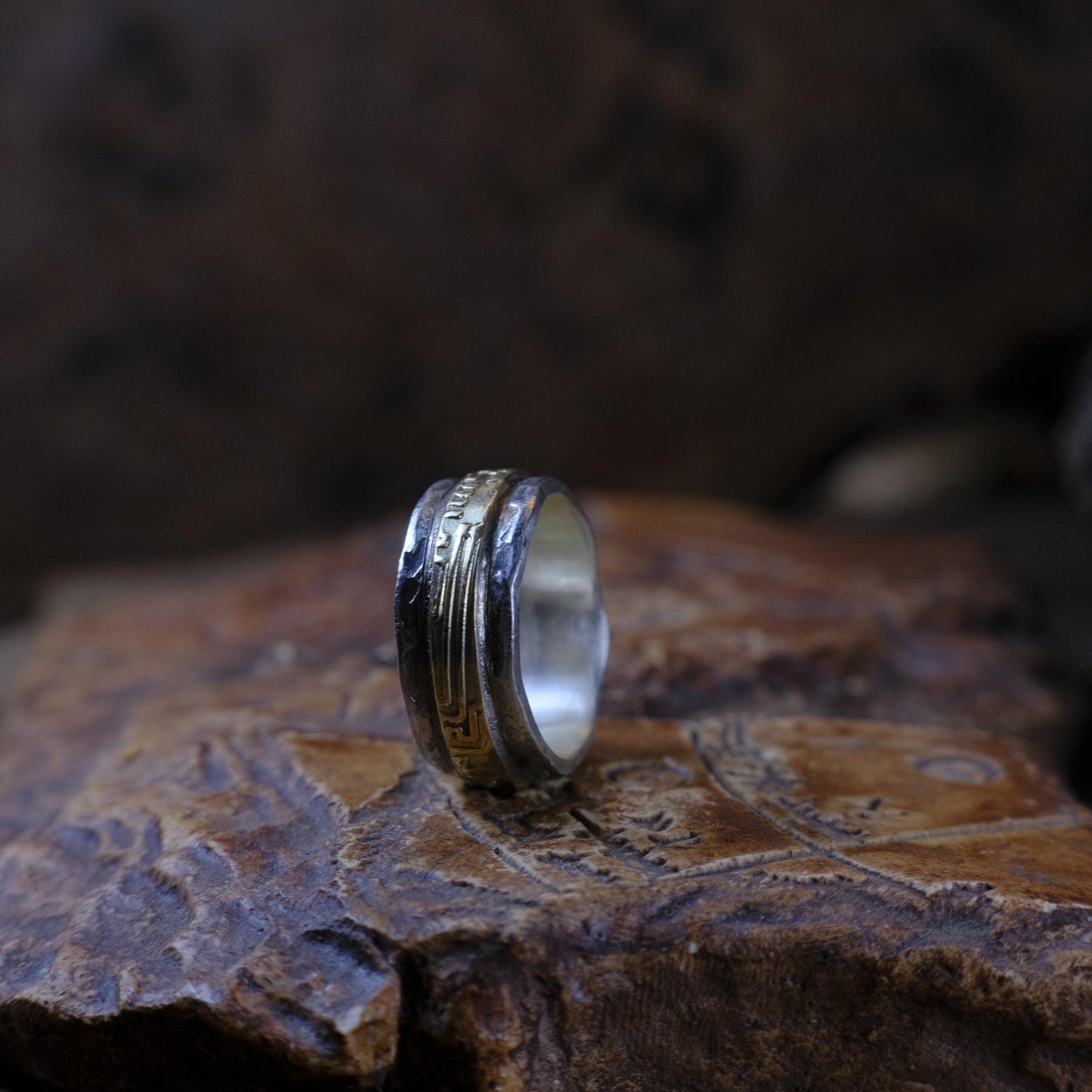 Handcrafted Textured Yellow Gold and Sterling Silver Ring in US Size 6.75