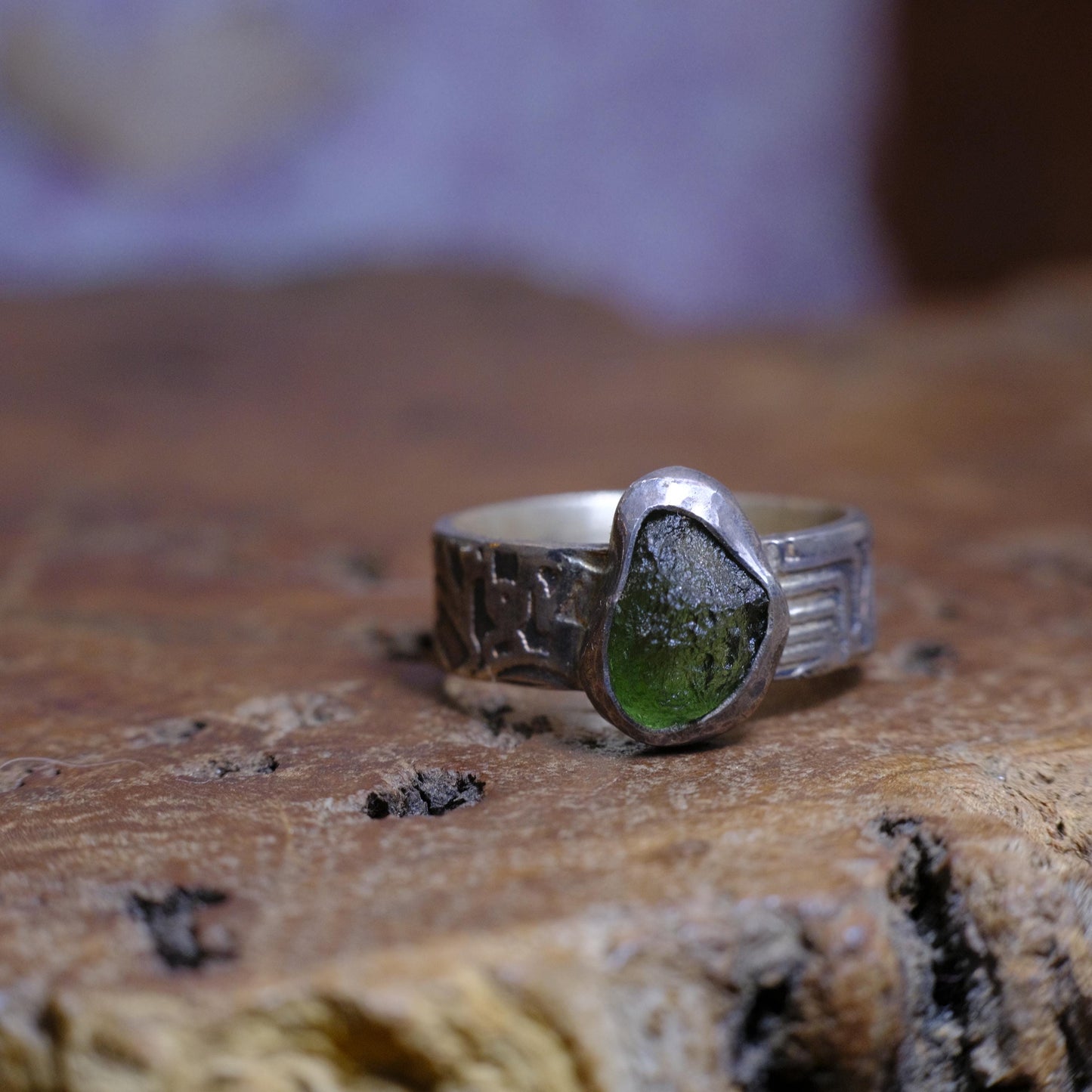 Sterling Silver and Moldavite Textured Ring US Size 10.25