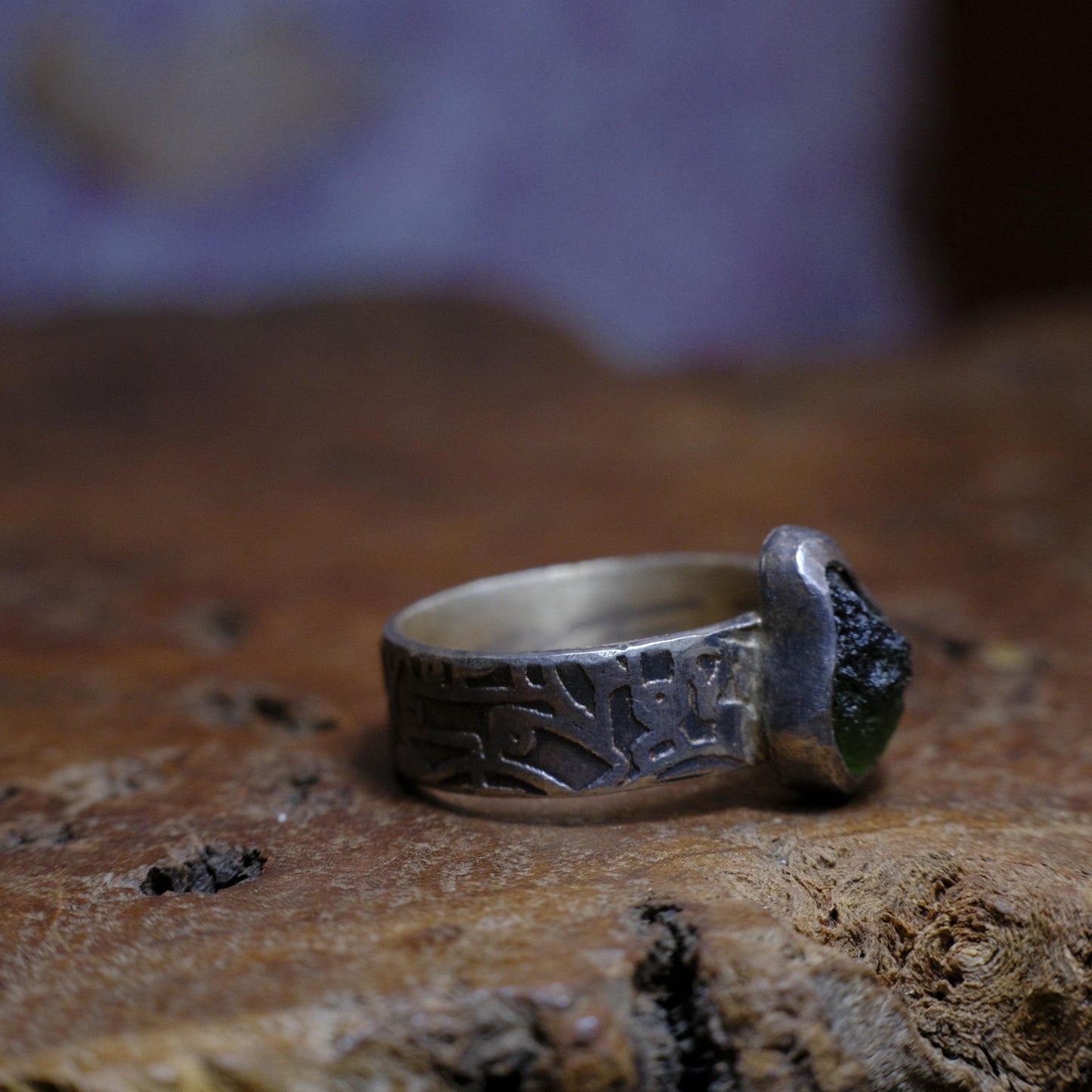 Sterling Silver and Moldavite Textured Ring US Size 10.25