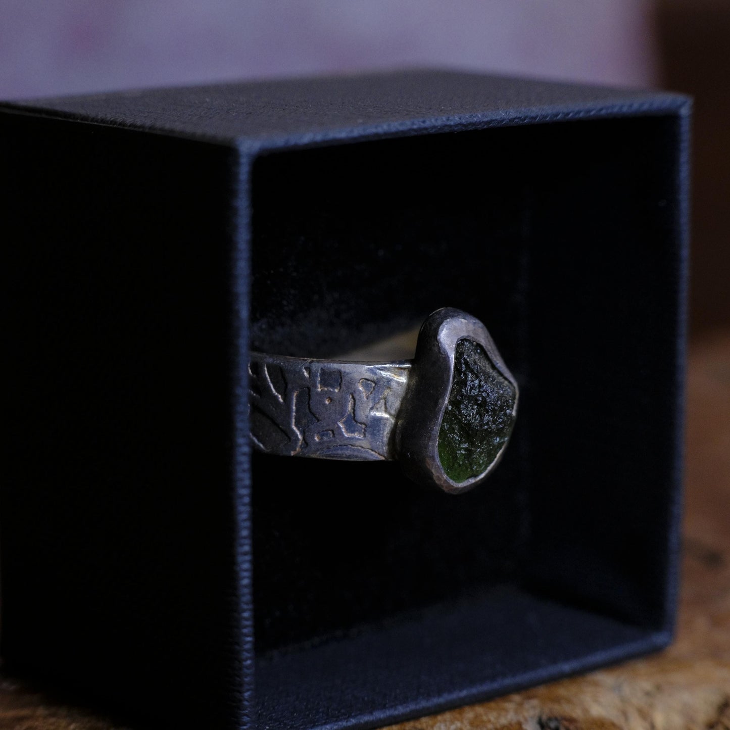 Sterling Silver and Moldavite Textured Ring US Size 10.25