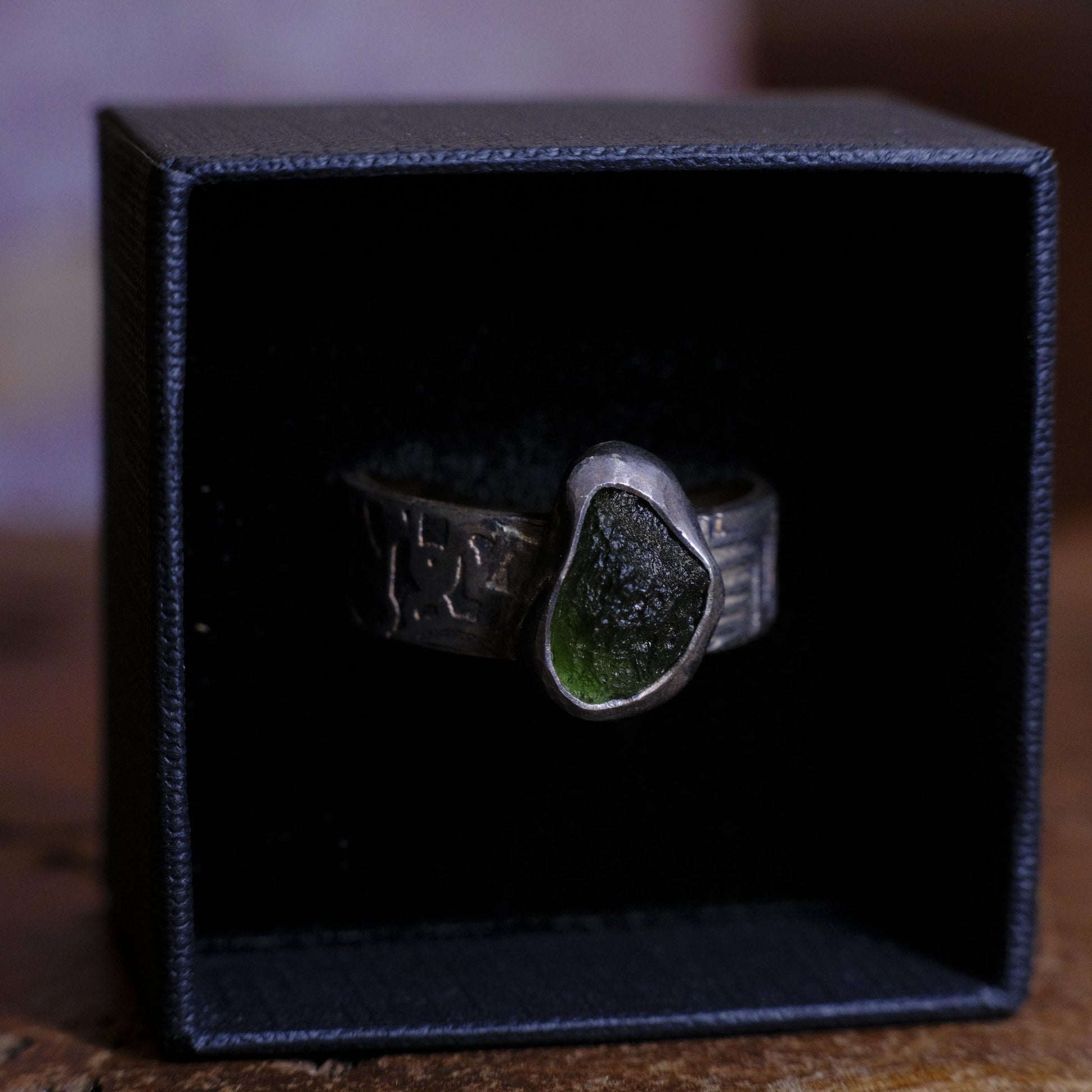 Sterling Silver and Moldavite Textured Ring US Size 10.25