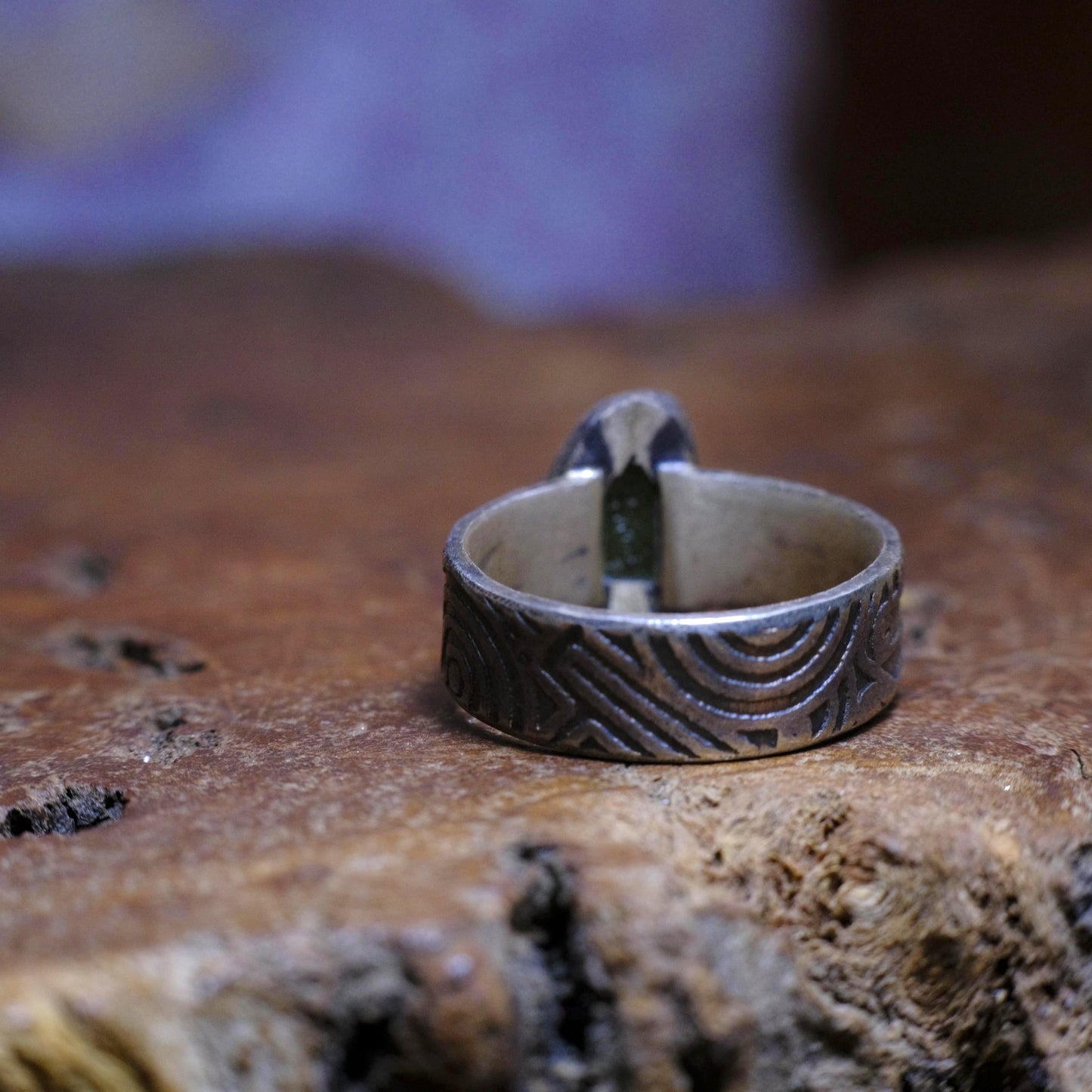 Sterling Silver and Moldavite Textured Ring US Size 10.25