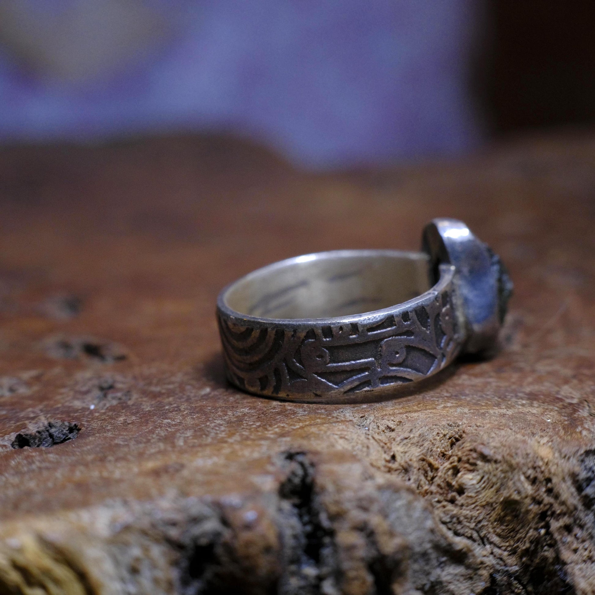 Sterling Silver and Moldavite Textured Ring US Size 10.25