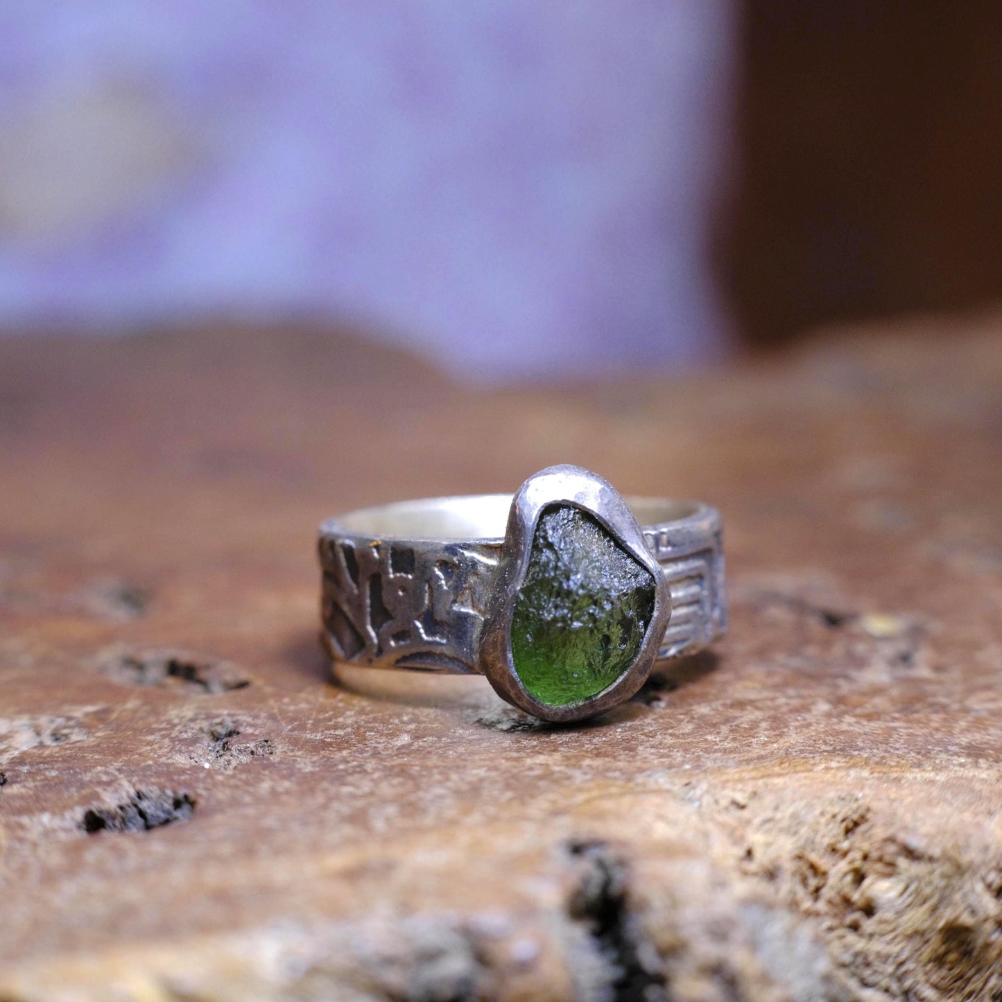 Sterling Silver and Moldavite Textured Ring US Size 10.25