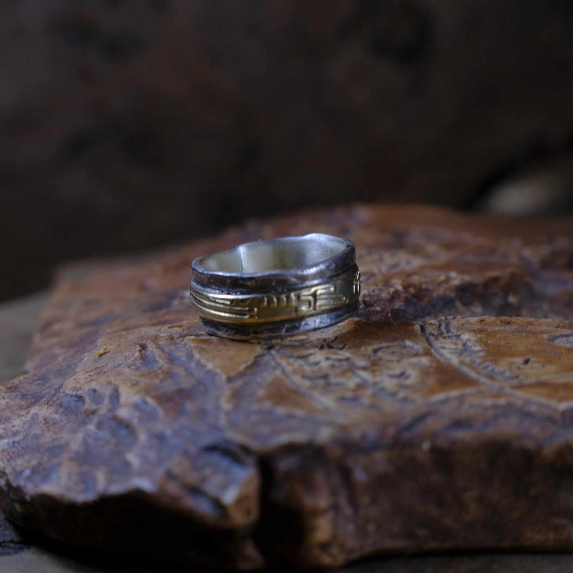Handcrafted Textured Yellow Gold and Sterling Silver Ring in US Size 6.75