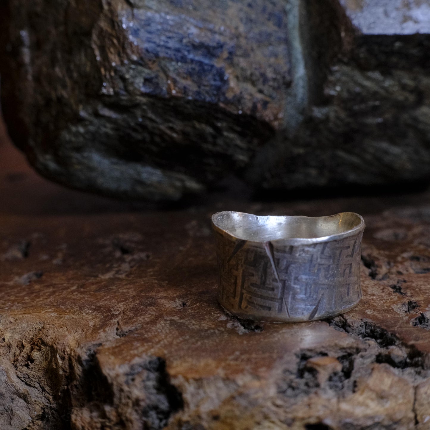 Handcrafted Wide Banded Sterling Silver Ring US Size 11.5