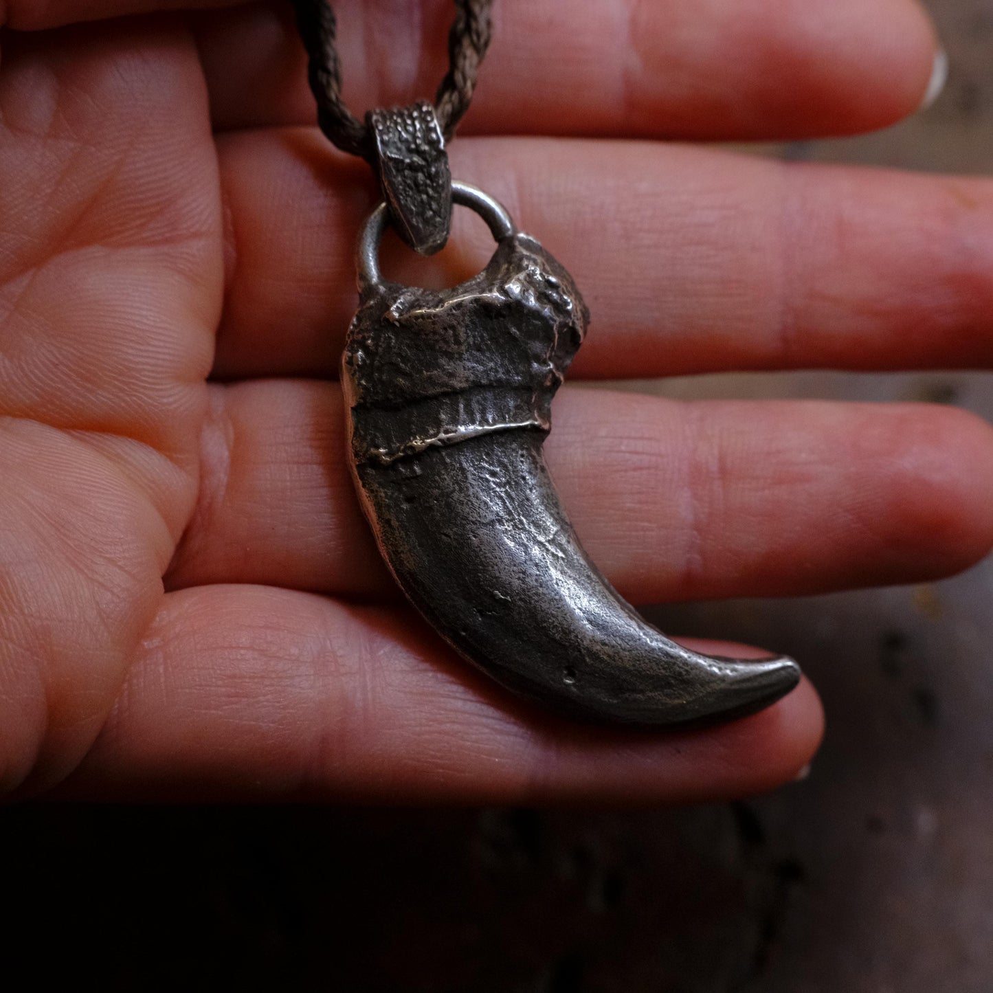 Sterling Silver Bear Claw Pendant with Adjustable Hand Woven Style Necklace