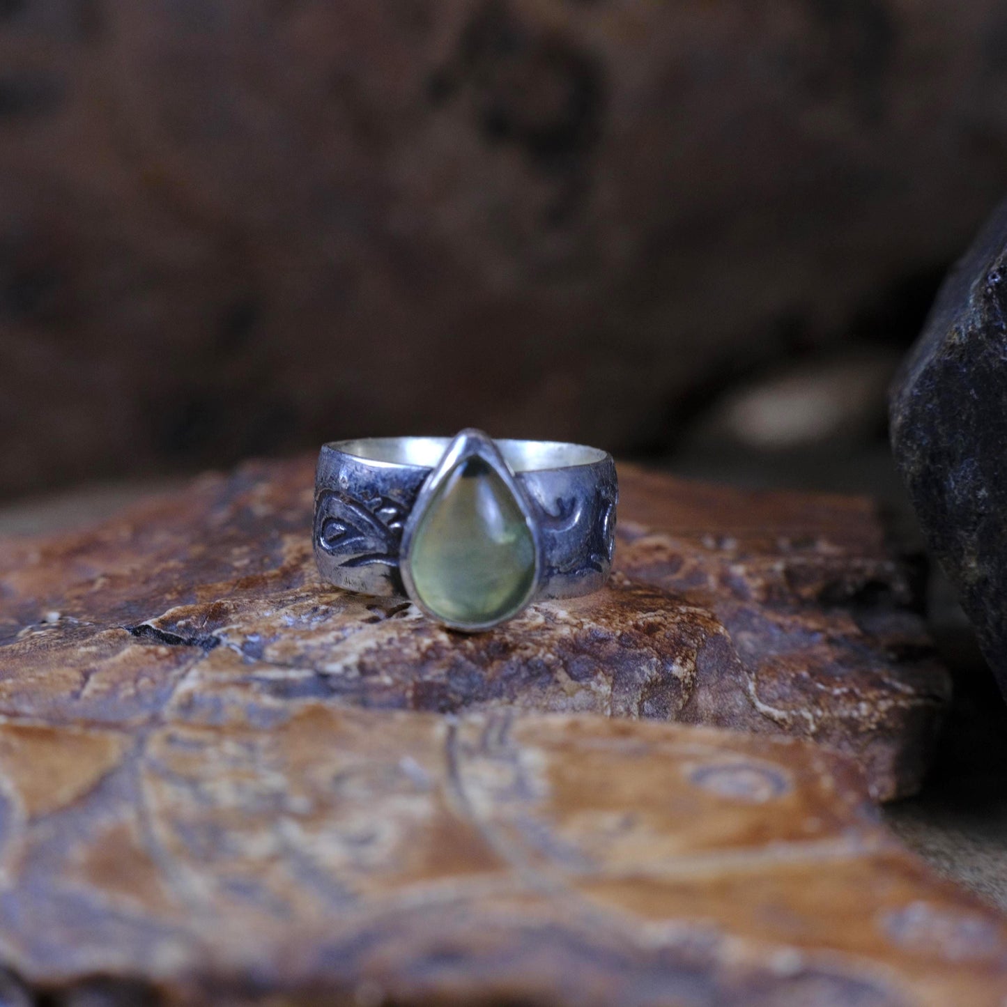 Prehnite and Sterling Silver Handmade Ring in US Size 7.75