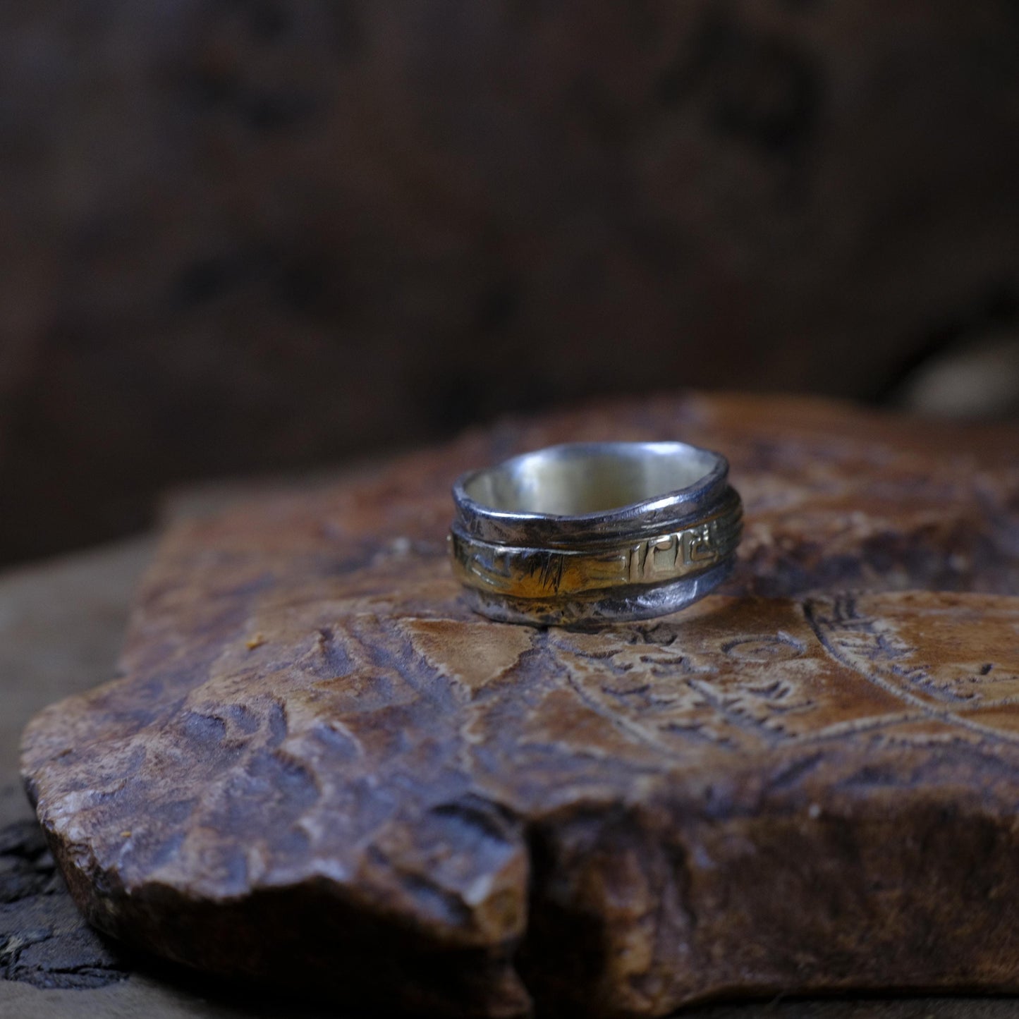 Handcrafted Textured Yellow Gold and Sterling Silver Ring in US Size 6.75