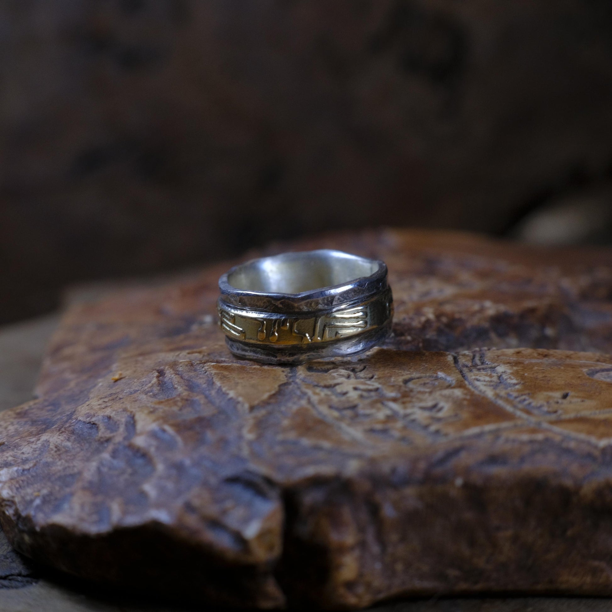 Handcrafted Textured Yellow Gold and Sterling Silver Ring in US Size 6.75