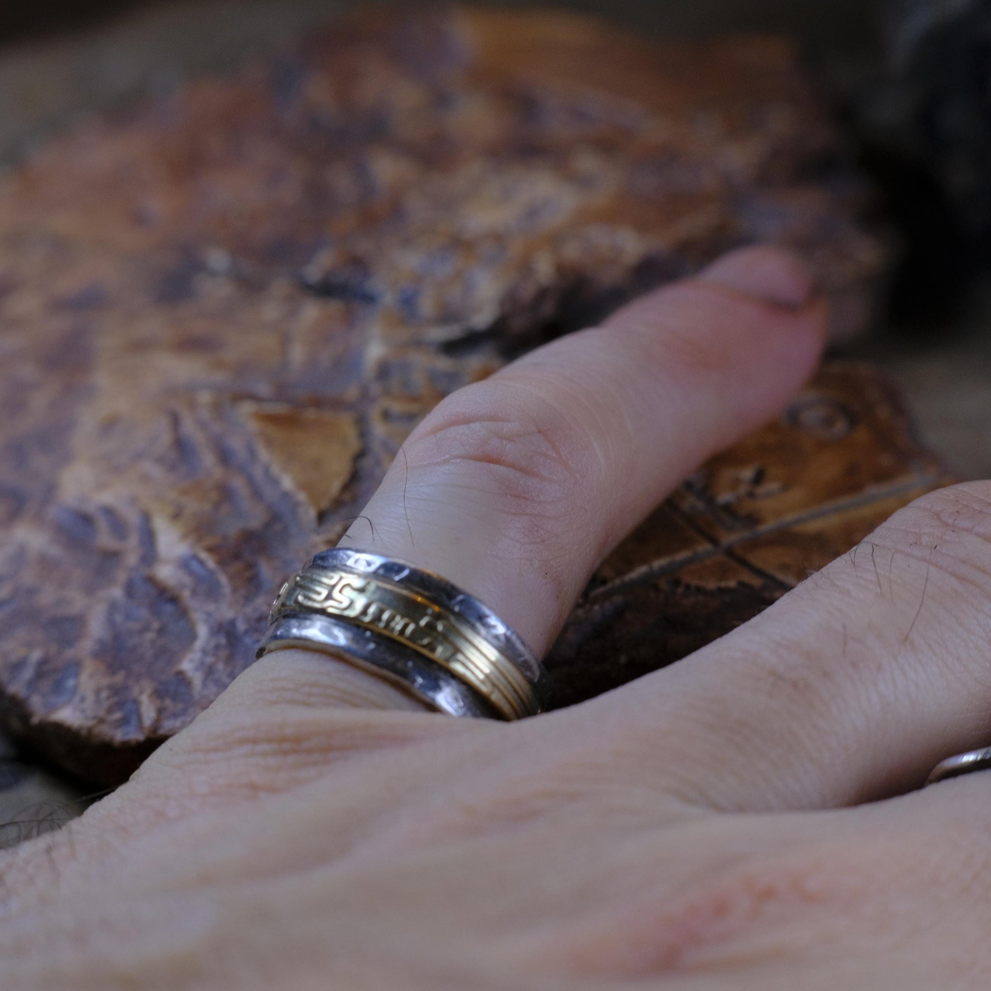 Handcrafted Textured Yellow Gold and Sterling Silver Ring in US Size 6.75