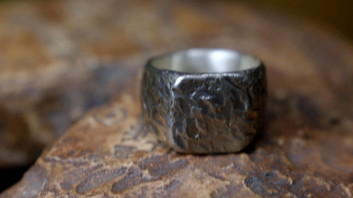 Rugged square sterling silver signet ring with handmade sand-cast texture